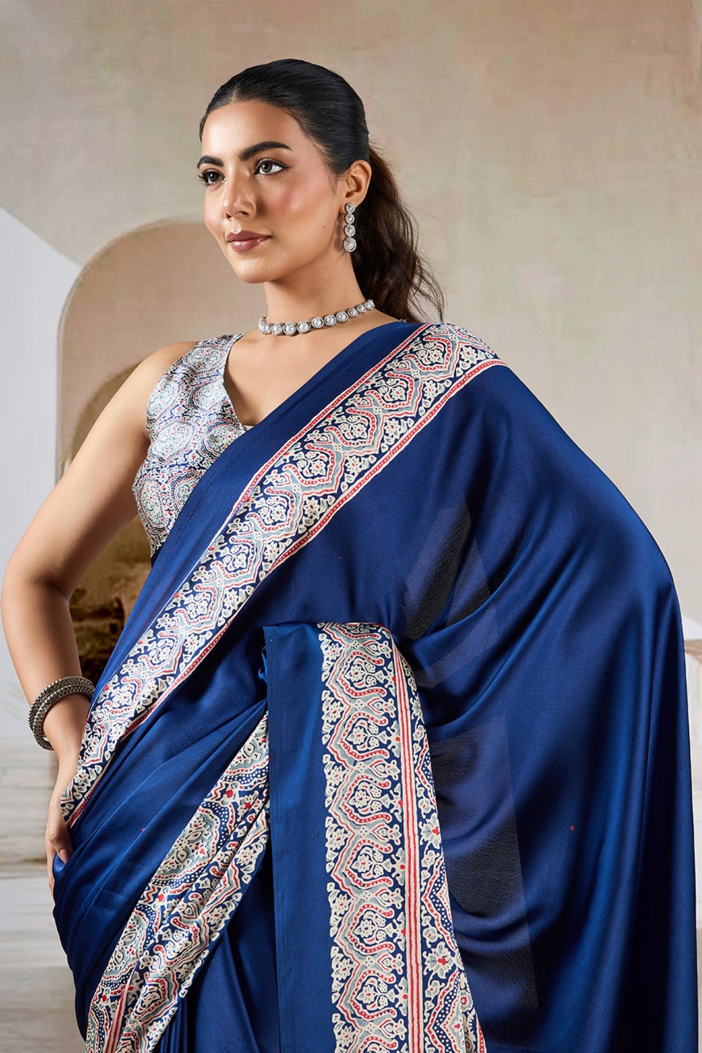 Buy MySilkLove Azure Blue Ajrakh Printed Satin Crepe Silk Saree Online