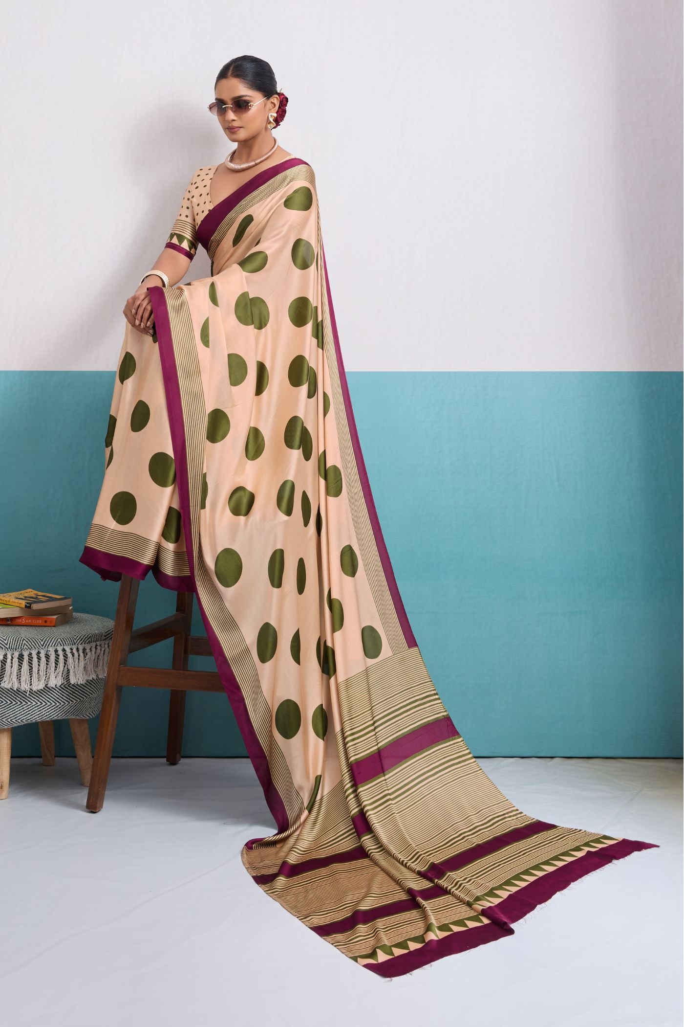 MySilkLove Frosted Cream and Green Polka Dots Satin Crepe Saree