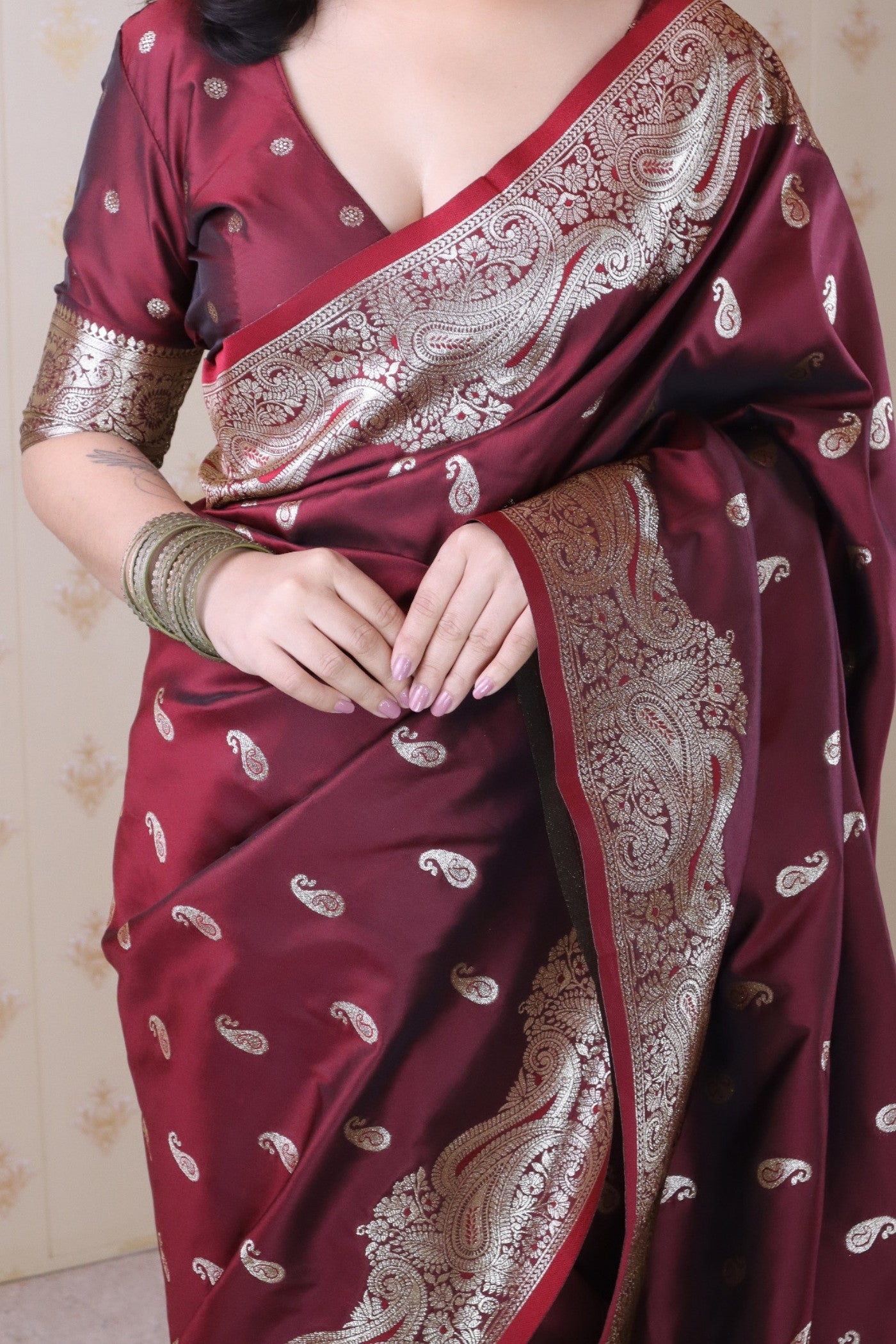 Buy MySilkLove Rosewood Maroon Banarasi Handloom Saree Online