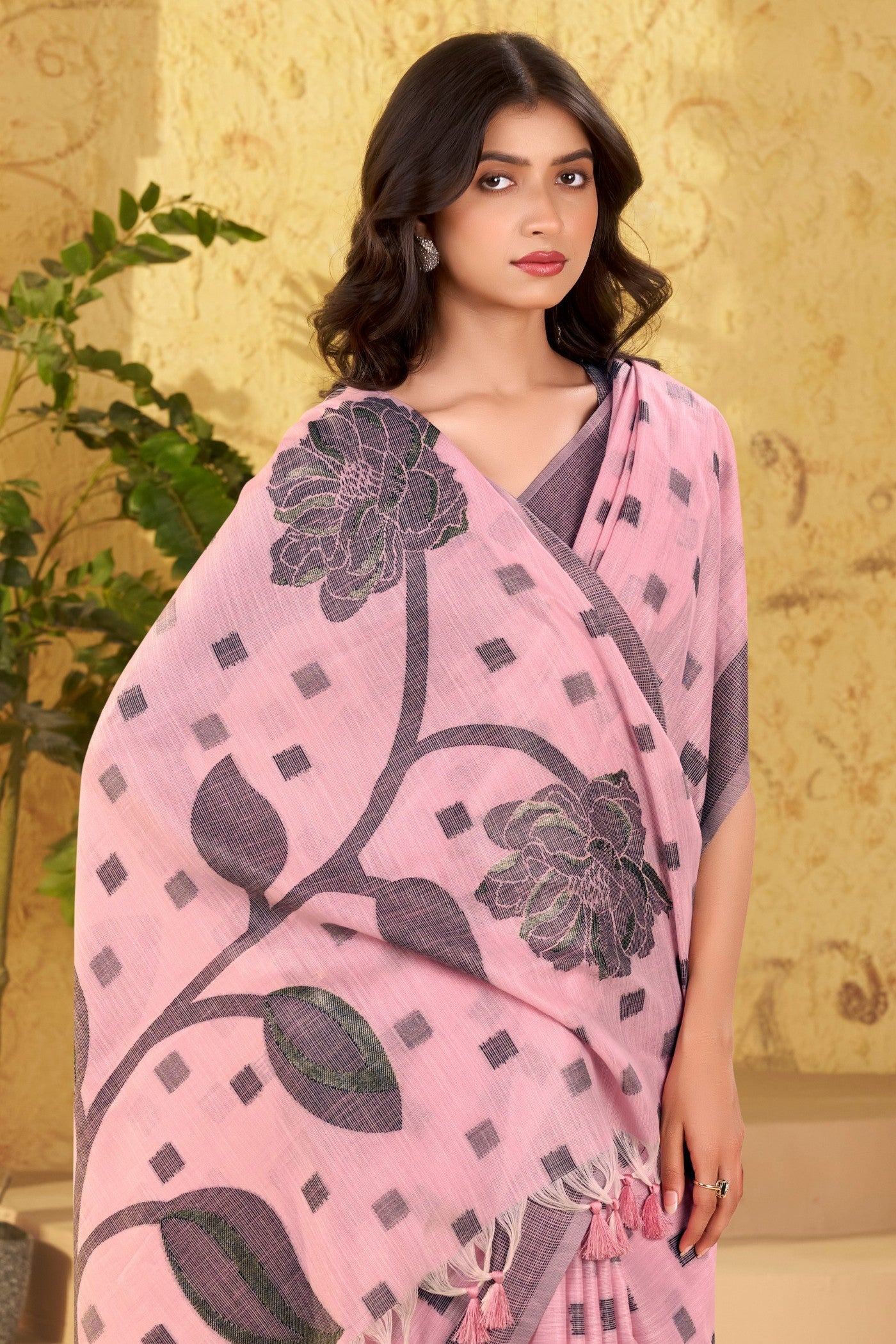 Buy MySilkLove Bush Pink Woven Linen Saree Online