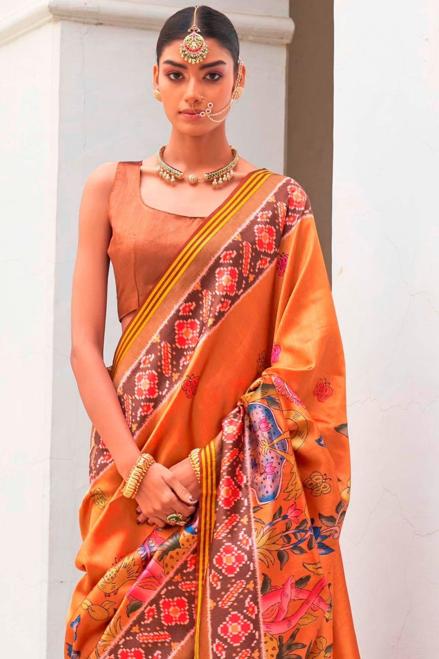 Buy MySilkLove Pumpkin Orange Printed Patola Saree Online