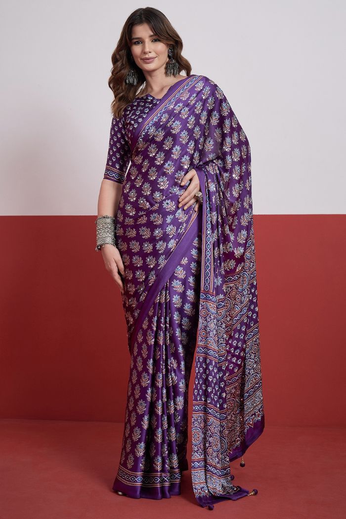 Buy MySilkLove Amethyst Purple Modal Ajrakh Satin Printed Mirror Work Saree Online