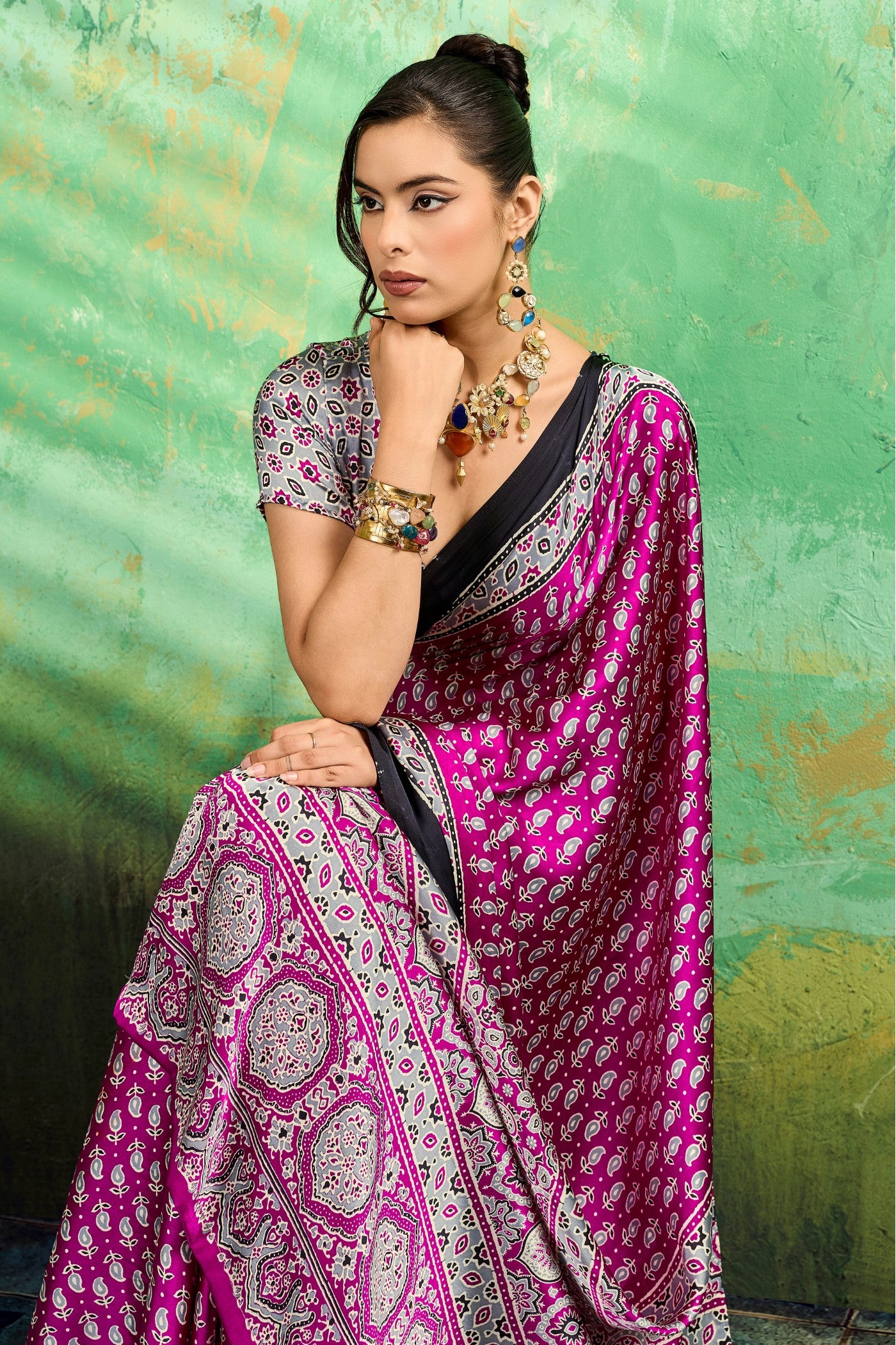 Buy MySilkLove Eminence Purple Modal Ajrakh Satin Printed Silk Saree Online