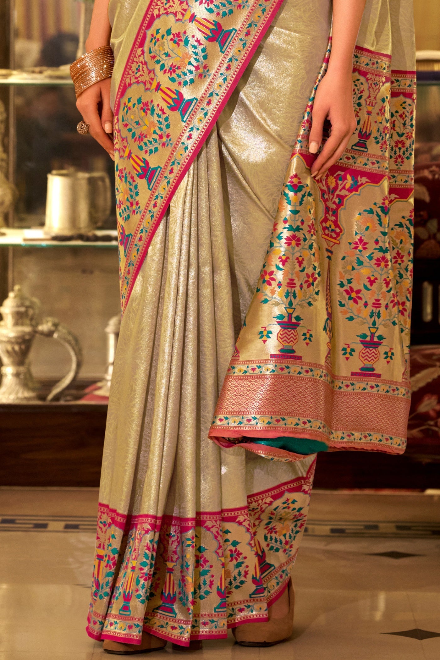 Buy MySilkLove Vanilla Cream Woven Tissue Silk Saree Online
