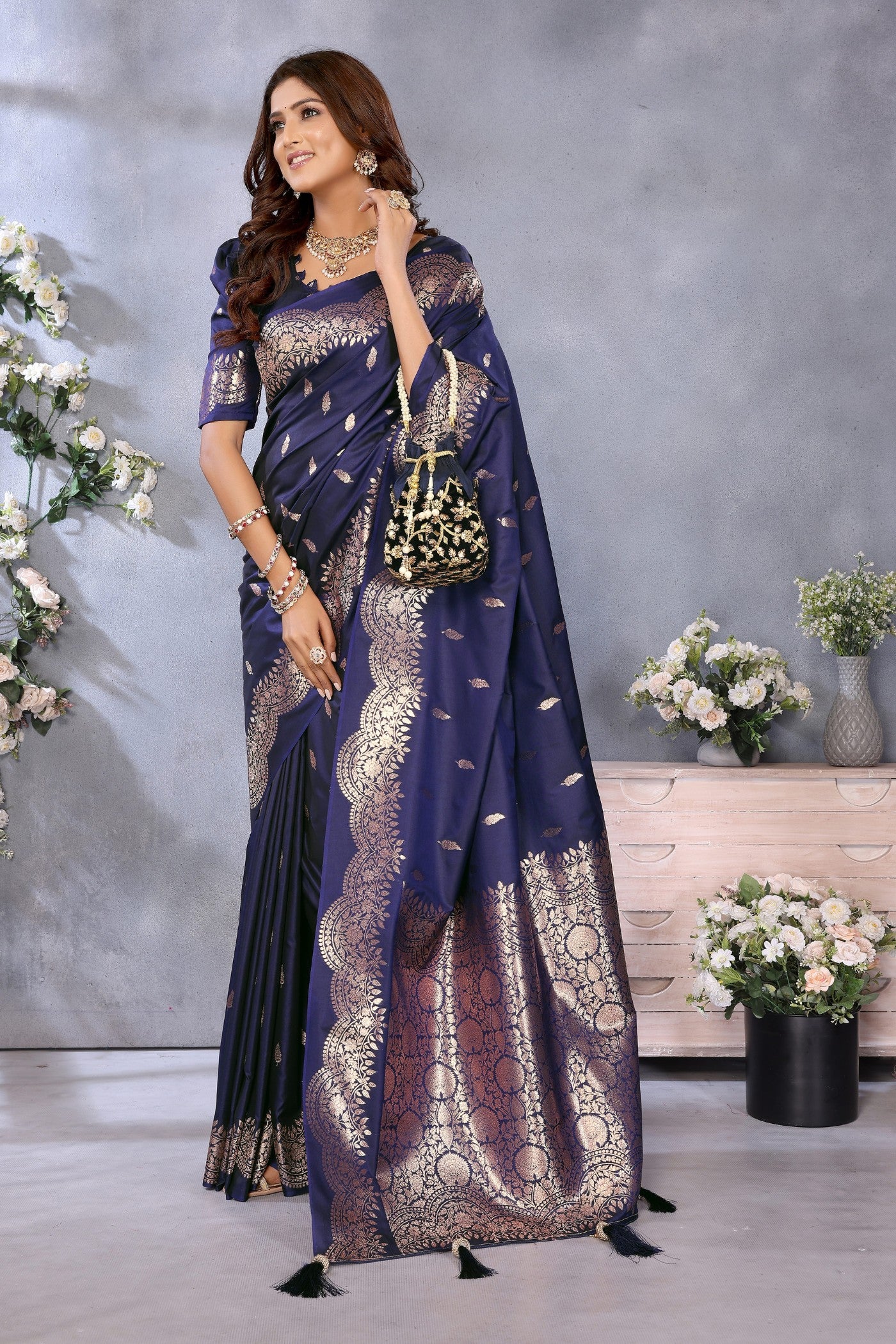 Buy MySilkLove Mulled Blue Woven Banarasi Saree Online