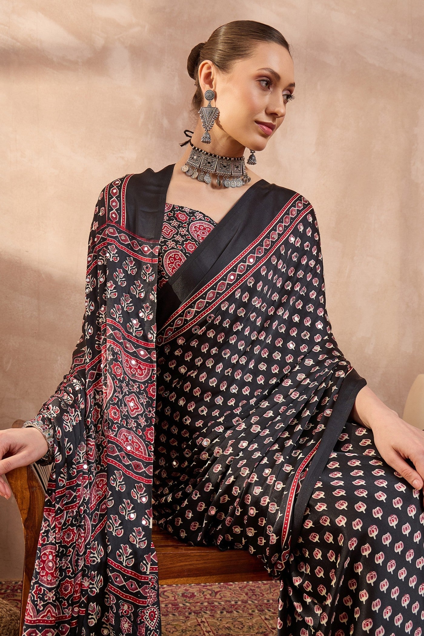 Buy MySilkLove Abbey Black Modal Ajrakh Satin Printed Silk Saree Online