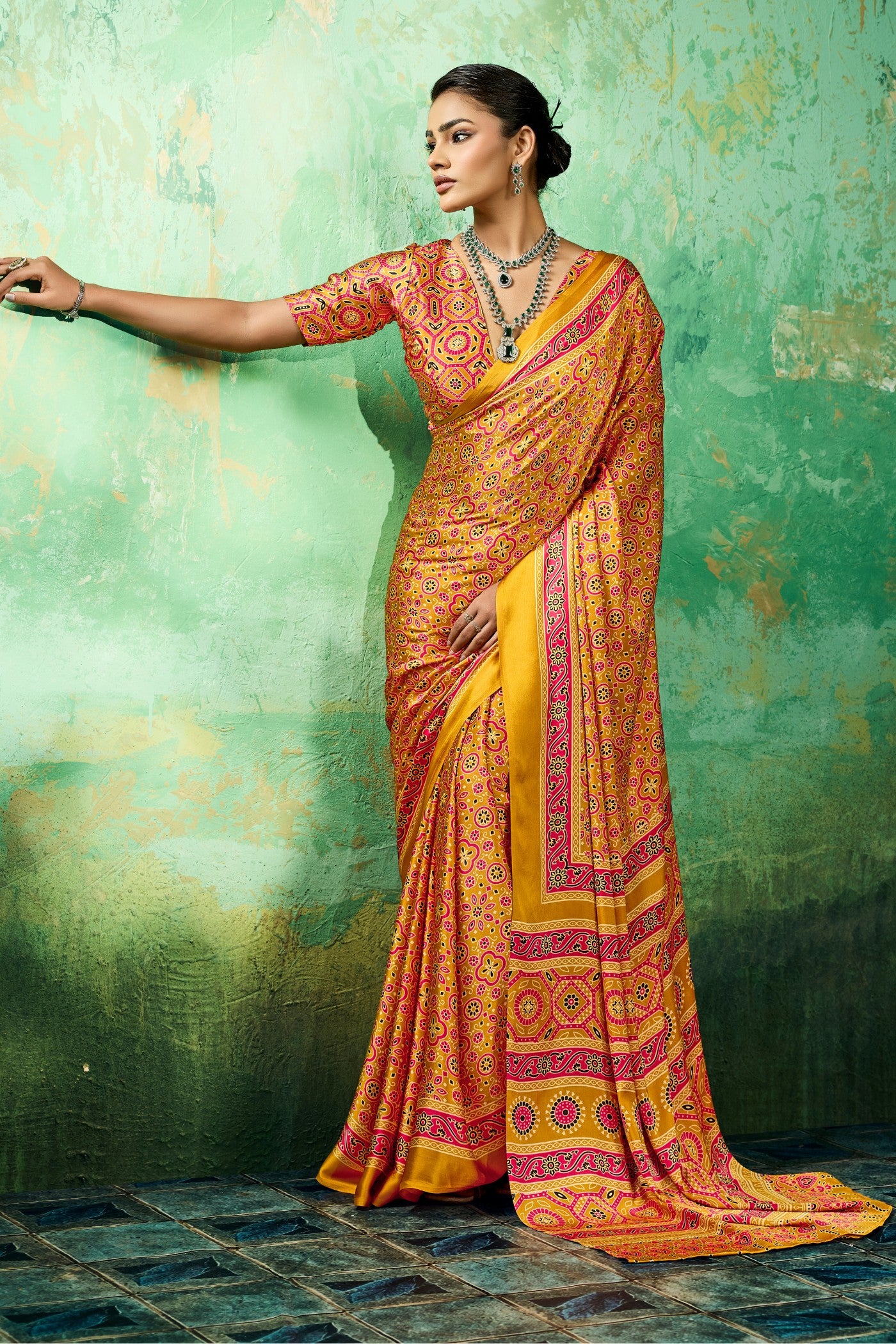 Buy MySilkLove Citrus Spark Yellow Modal Ajrakh Satin Printed Silk Saree Online