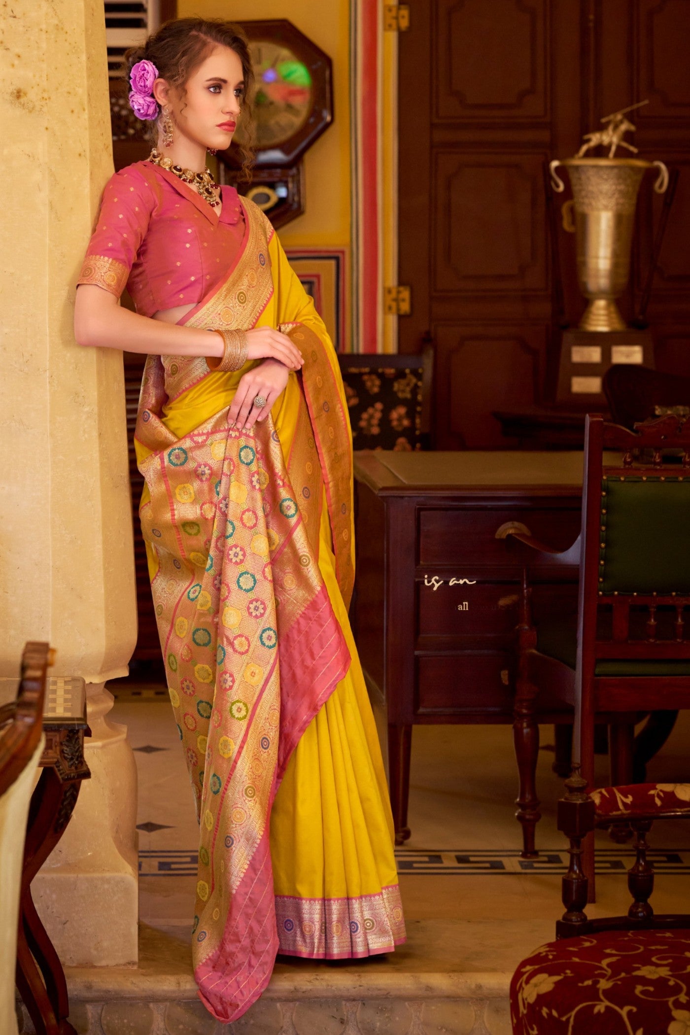 Buy MySilkLove Aureolin Yellow Woven Banarasi Soft Silk Saree Online