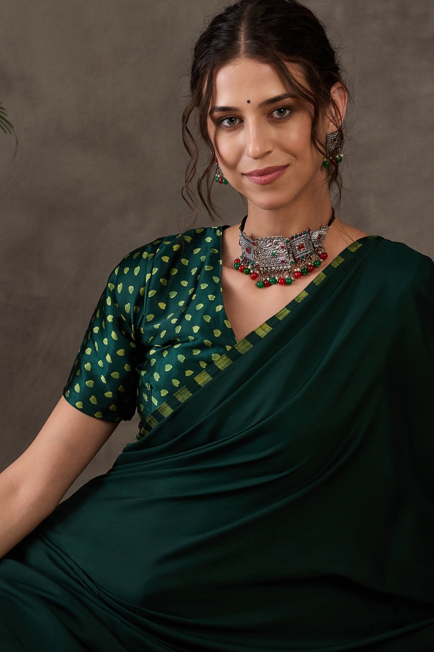 Buy MySilkLove Dark Leaf Green Printed Satin Gaji Silk Saree Online