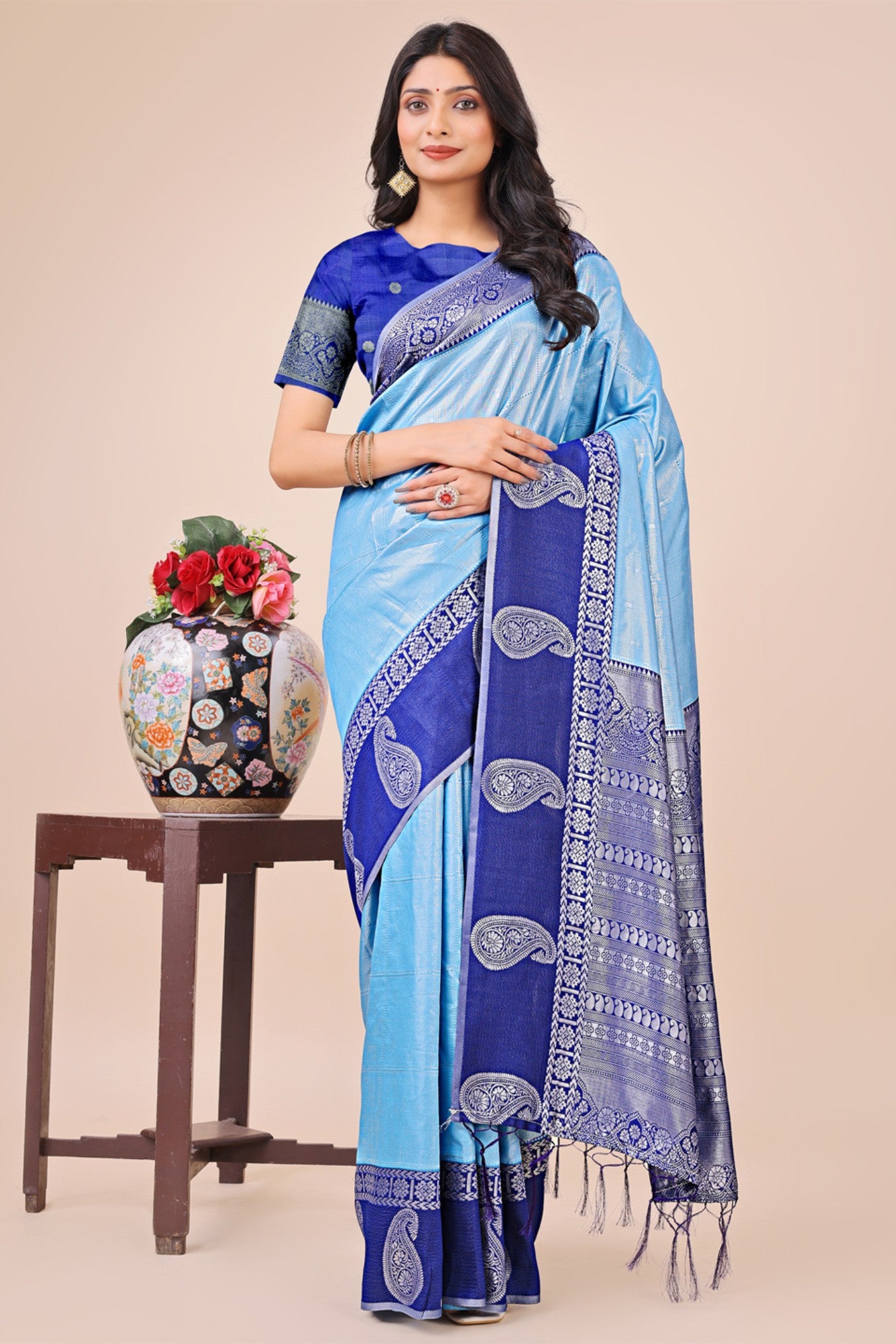 Buy MySilkLove Capri Blue Woven Banarasi Saree Online