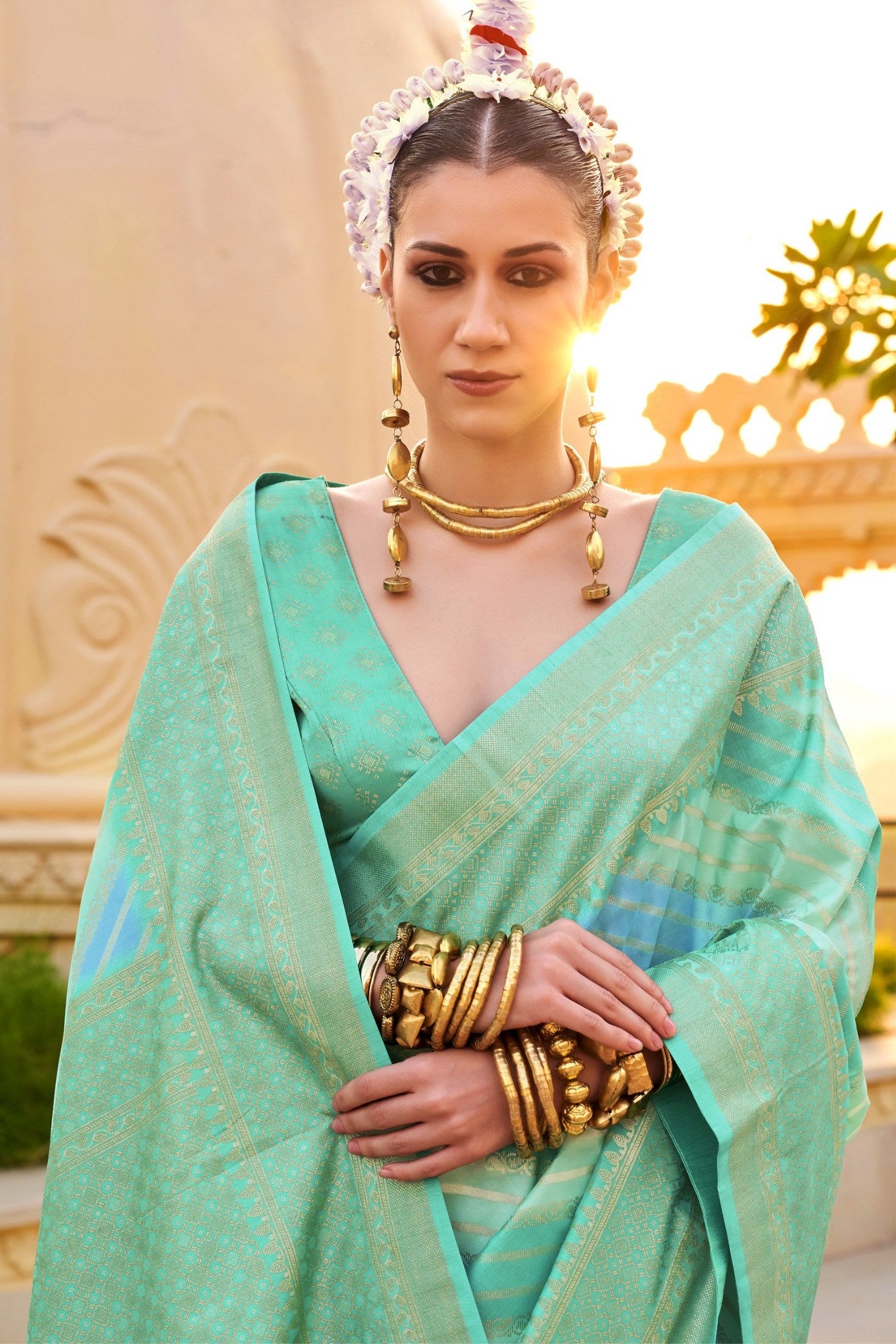 Buy MySilkLove Gum Leaf Green Woven Patola Printed Silk Saree Online