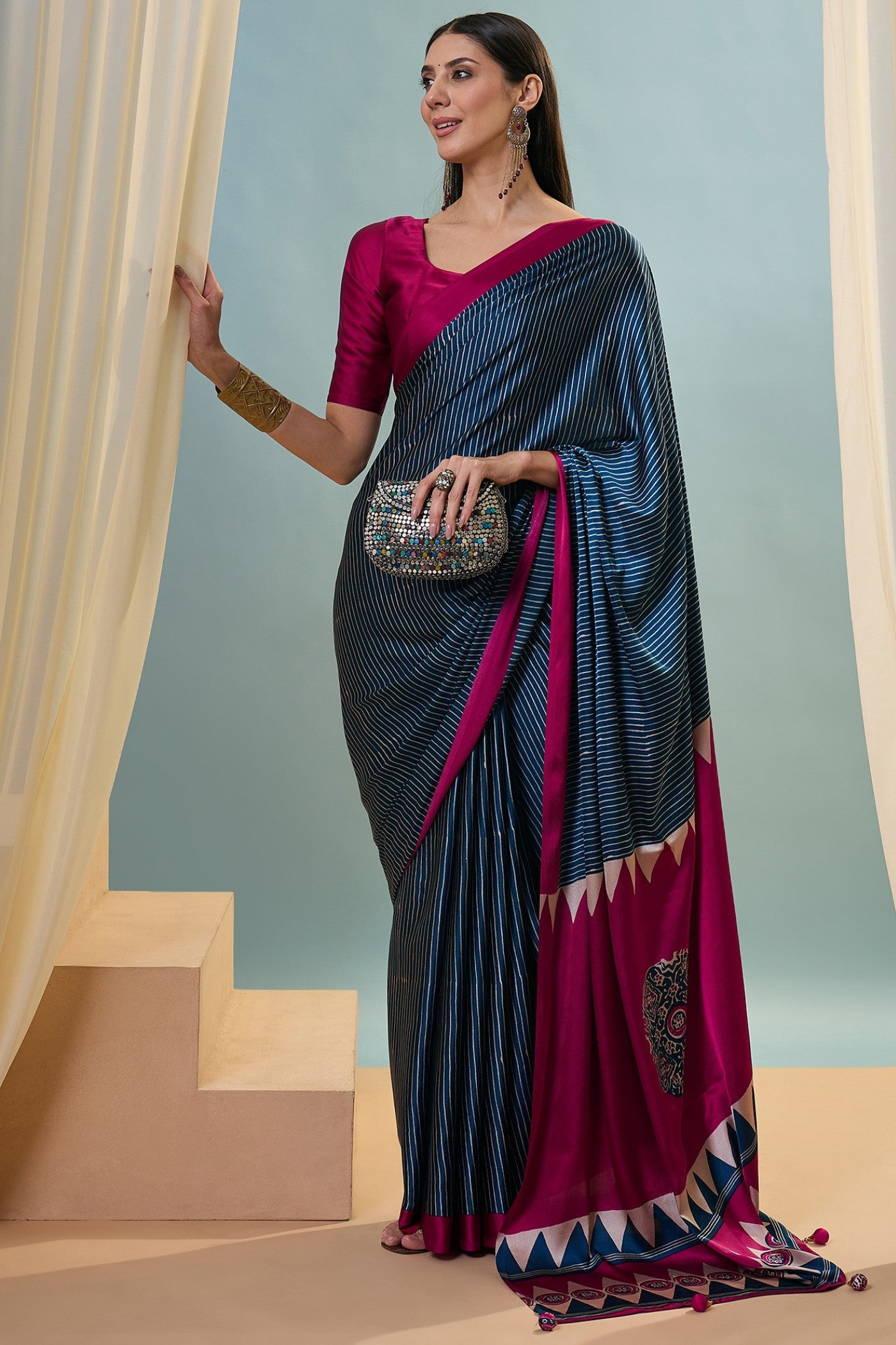 Buy MySilkLove Oxford Blue Ajrakh Printed Satin Crepe Silk Saree Online