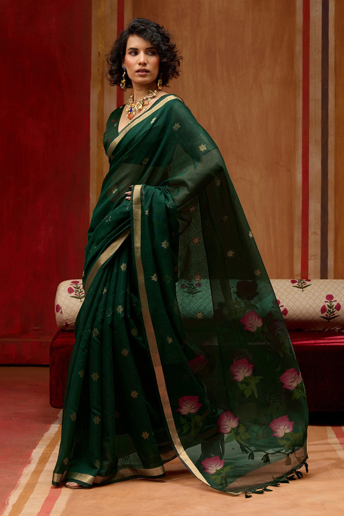 Buy MySilkLove Dark Green Handloom Muga Cotton Saree Online