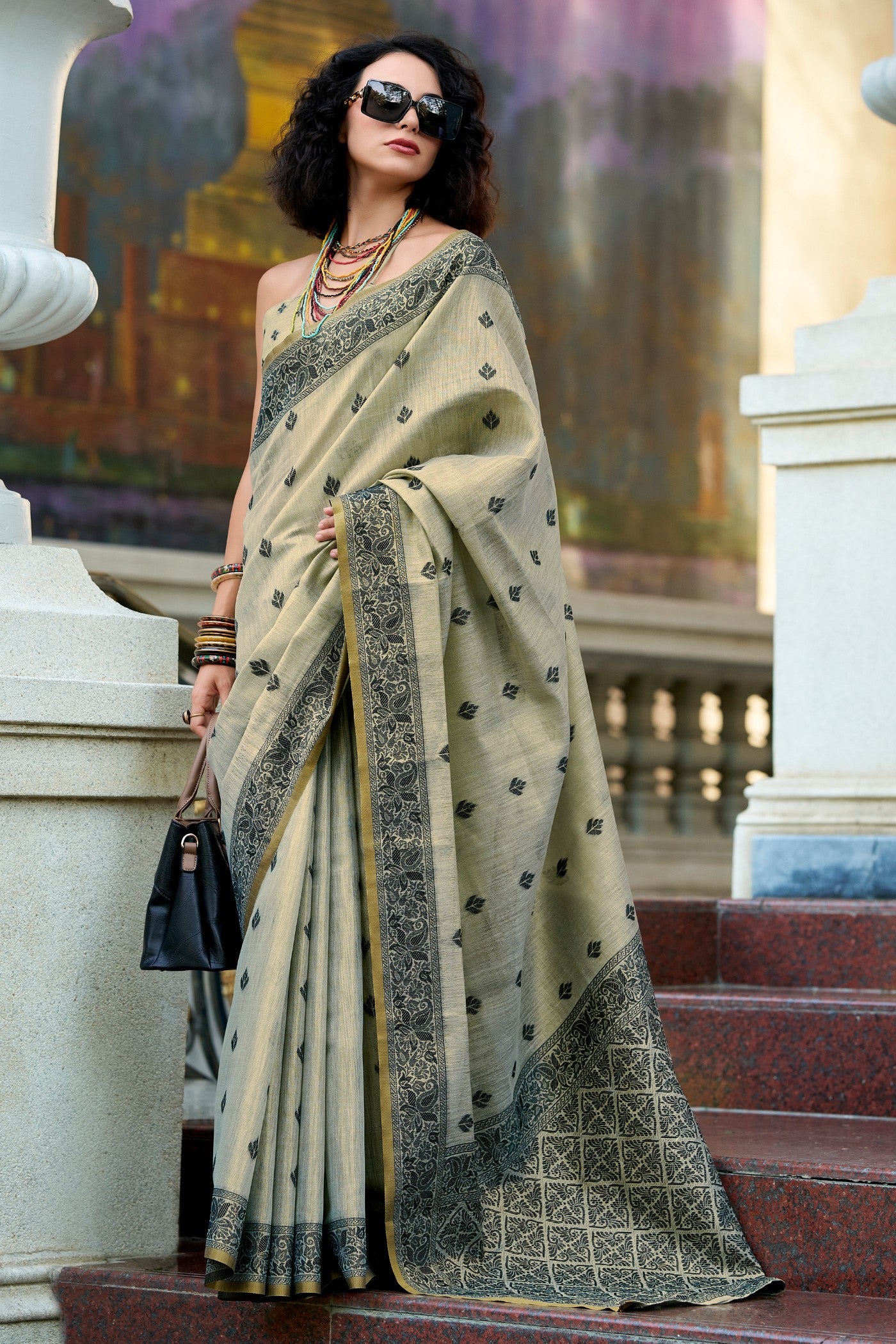 Buy MySilkLove Glaucous Grey Tissue Linen Saree Online