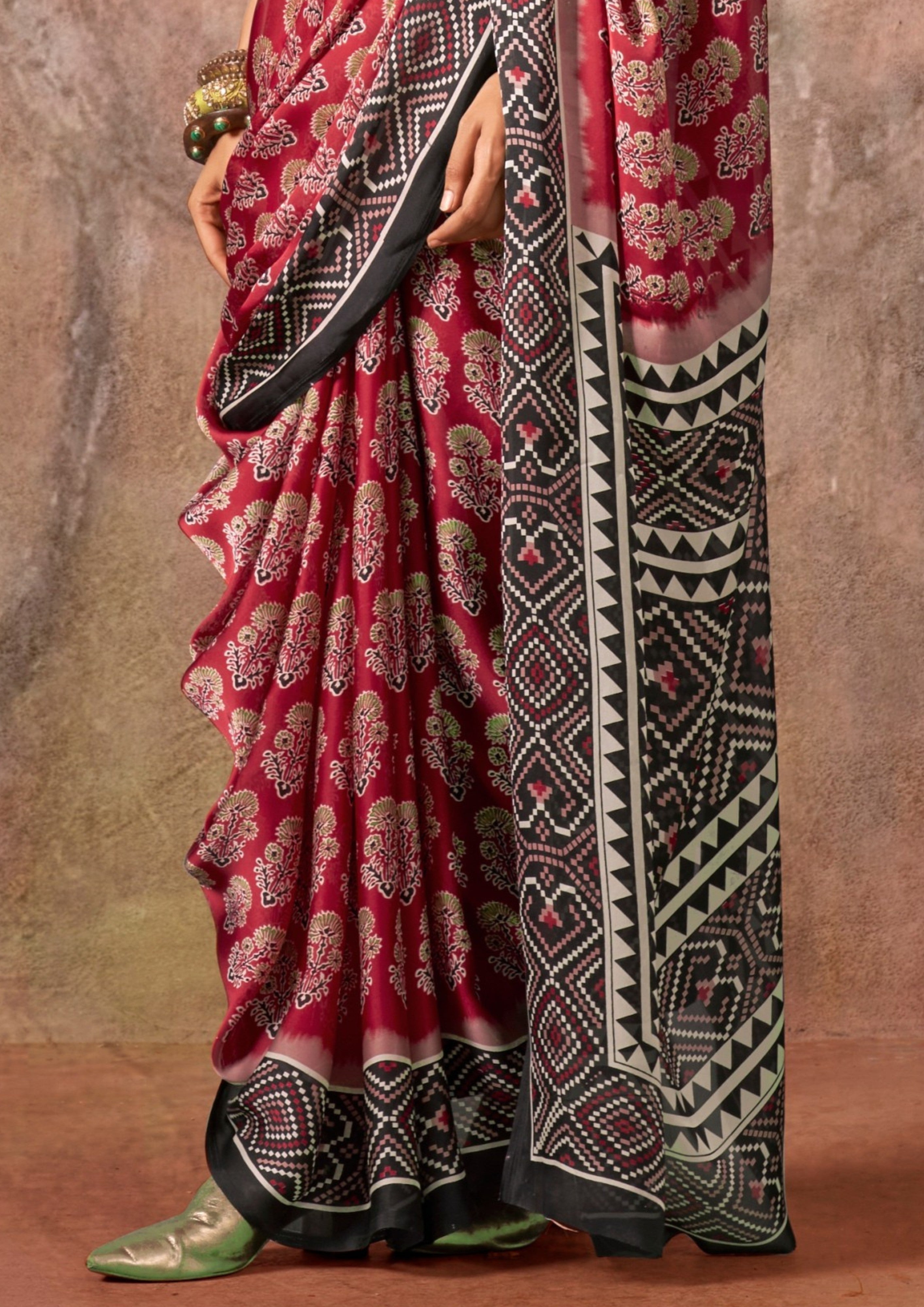 Buy MySilkLove Rich Maroon Ajrakh Printed Satin Georgette Silk Saree Online