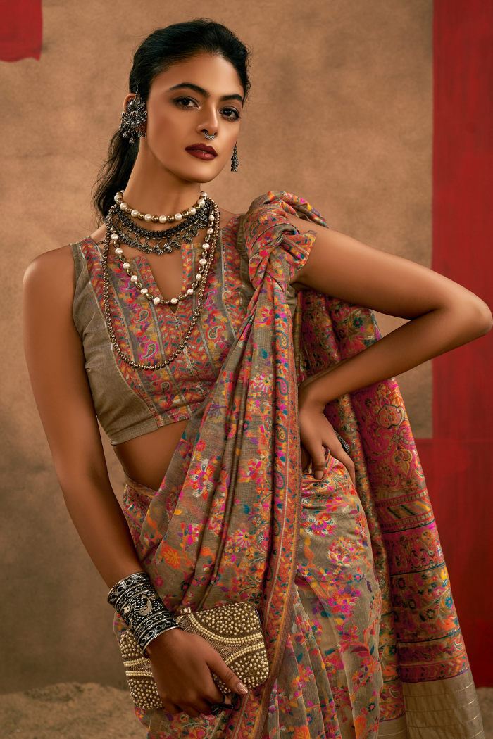 Buy MySilkLove Khaki Brown Kashmiri Handloom Jamewar Saree Online