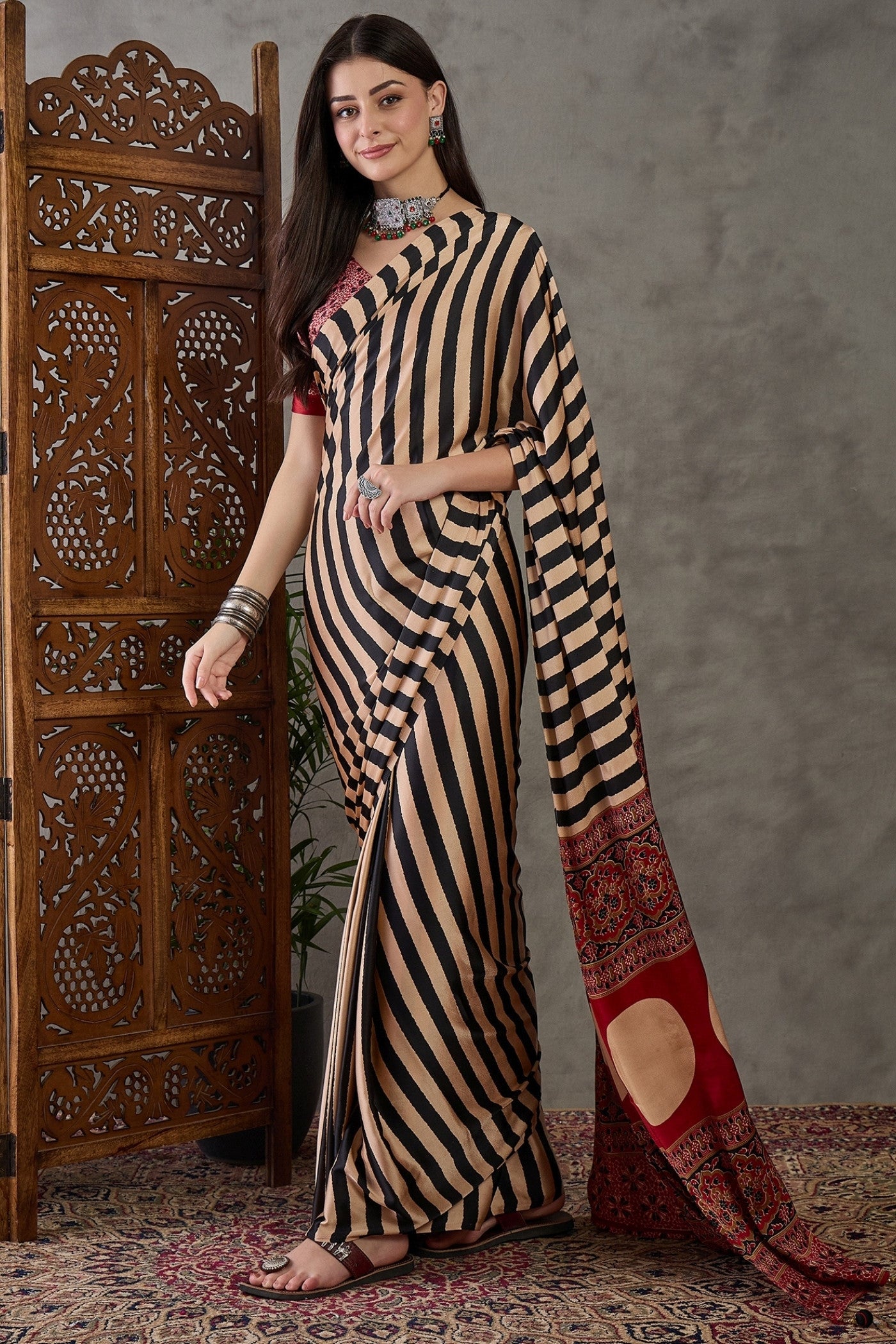 Buy MySilkLove Sonali Kulkarni Inspired: Buff Cream Stripe Ajrakh Printed Satin Gaji Silk Saree Online