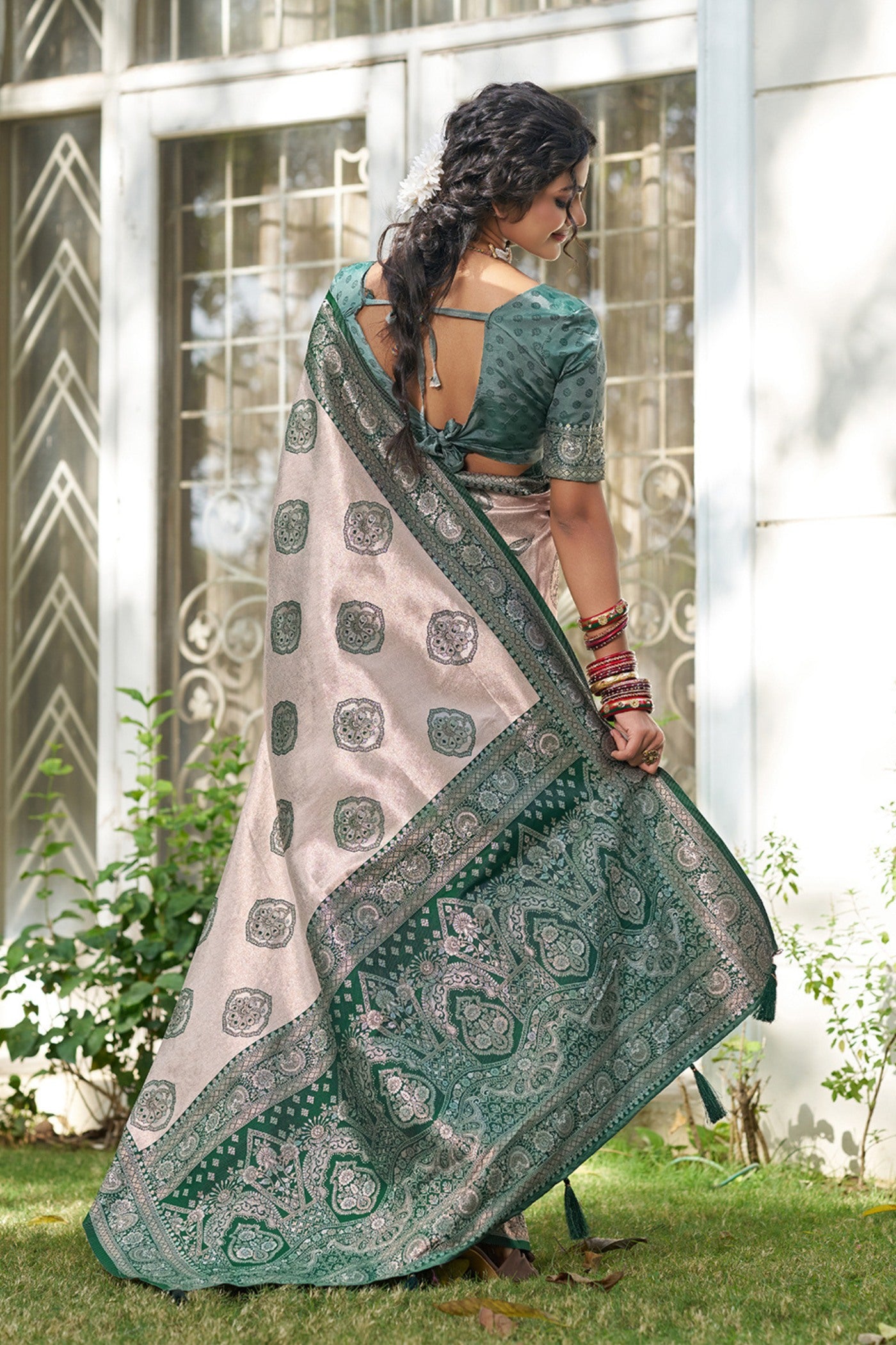 Buy MySilkLove Ivory Cream and Green Woven Banarasi Saree Online