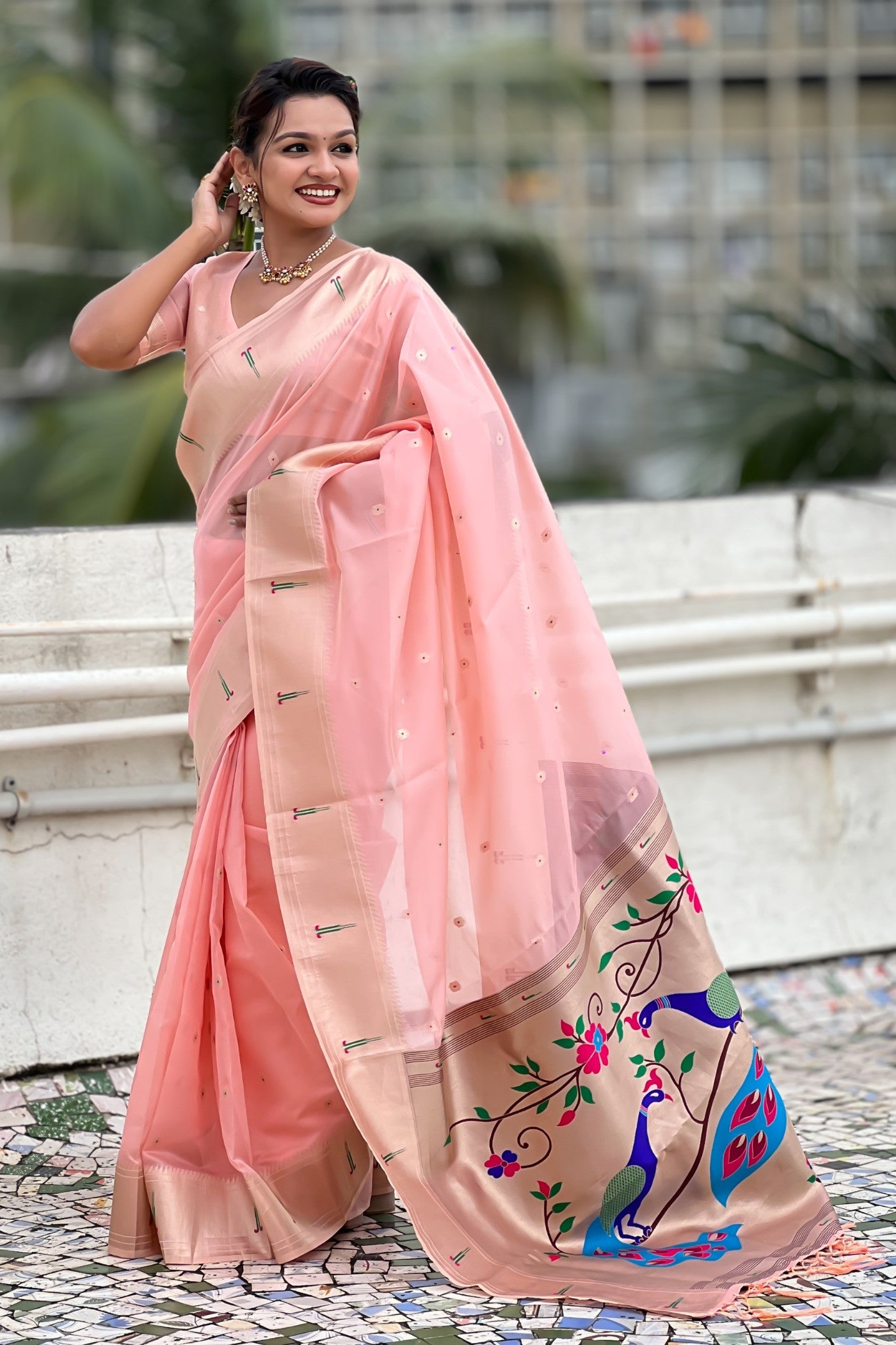 Buy MySilkLove Dusty Pink Organza Woven Paithani Saree Online