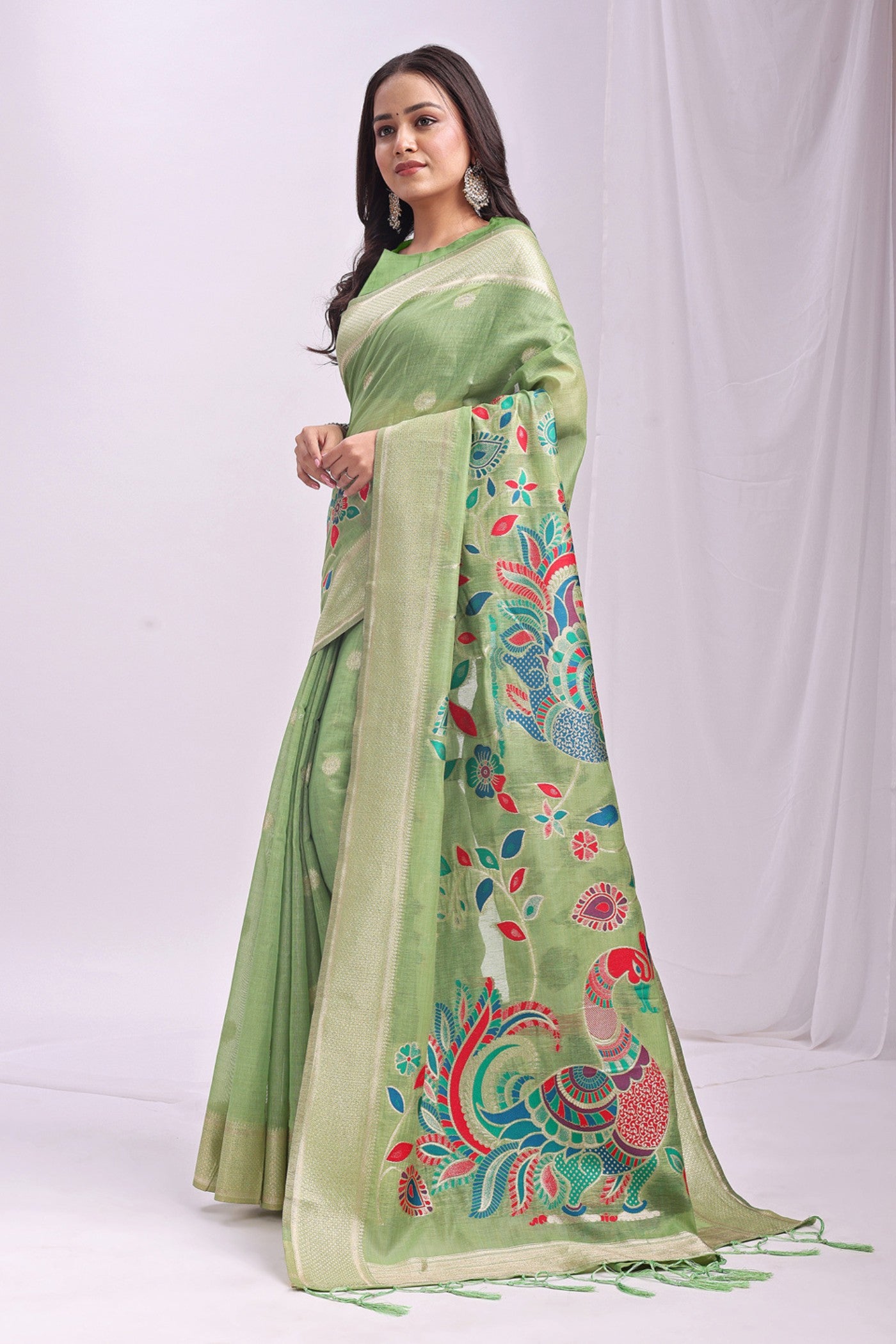 Buy MySilkLove Pistachio Green Woven Linen Cotton Saree Online
