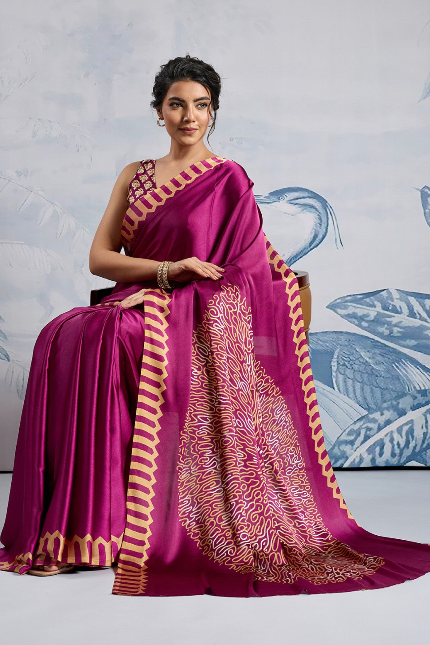 Buy MySilkLove Inked Plum Purple Printed Satin Crepe Silk Saree Online