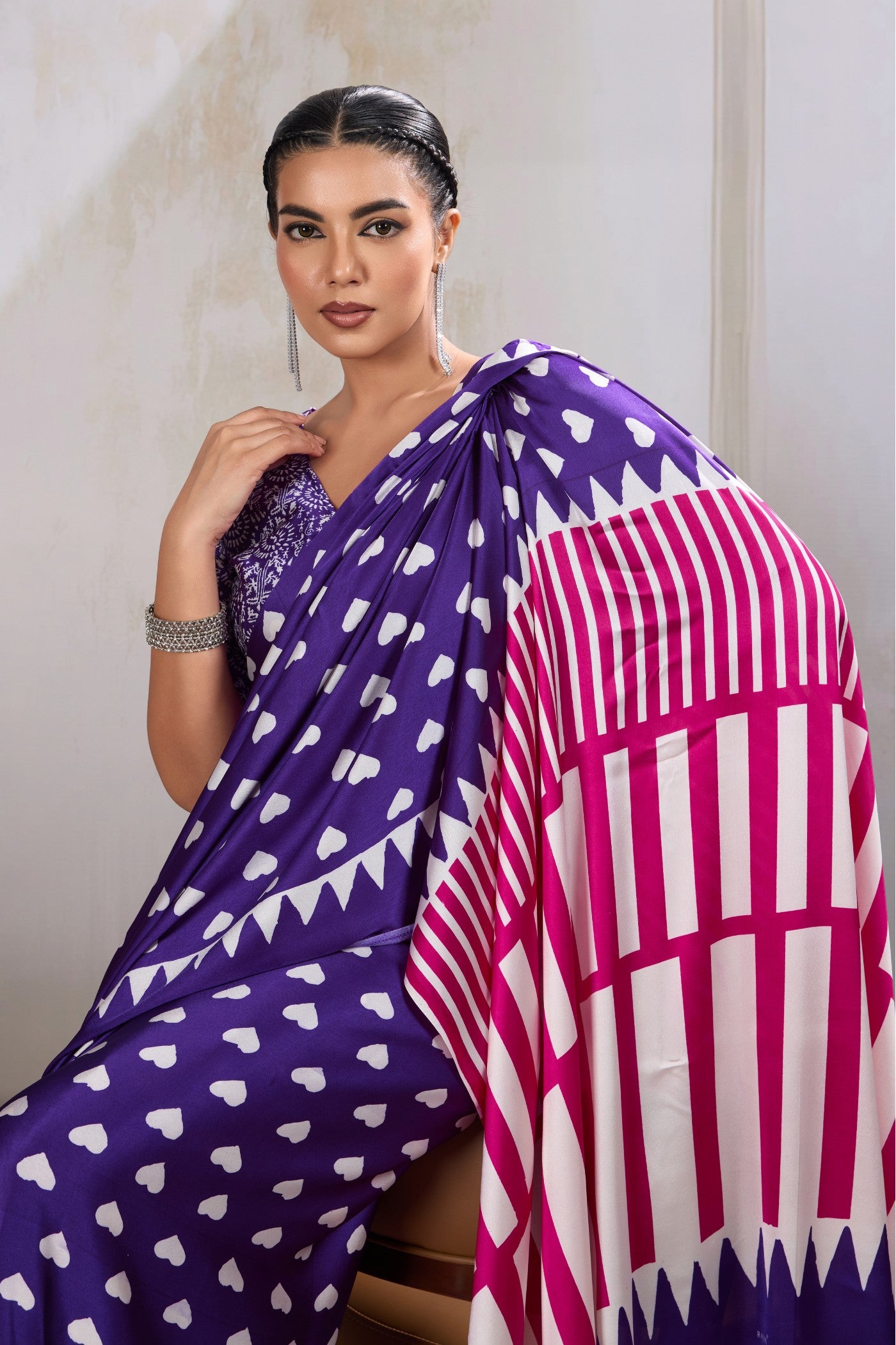 MySilkLove Honey Flower Purple Printed Satin Crepe Silk Saree