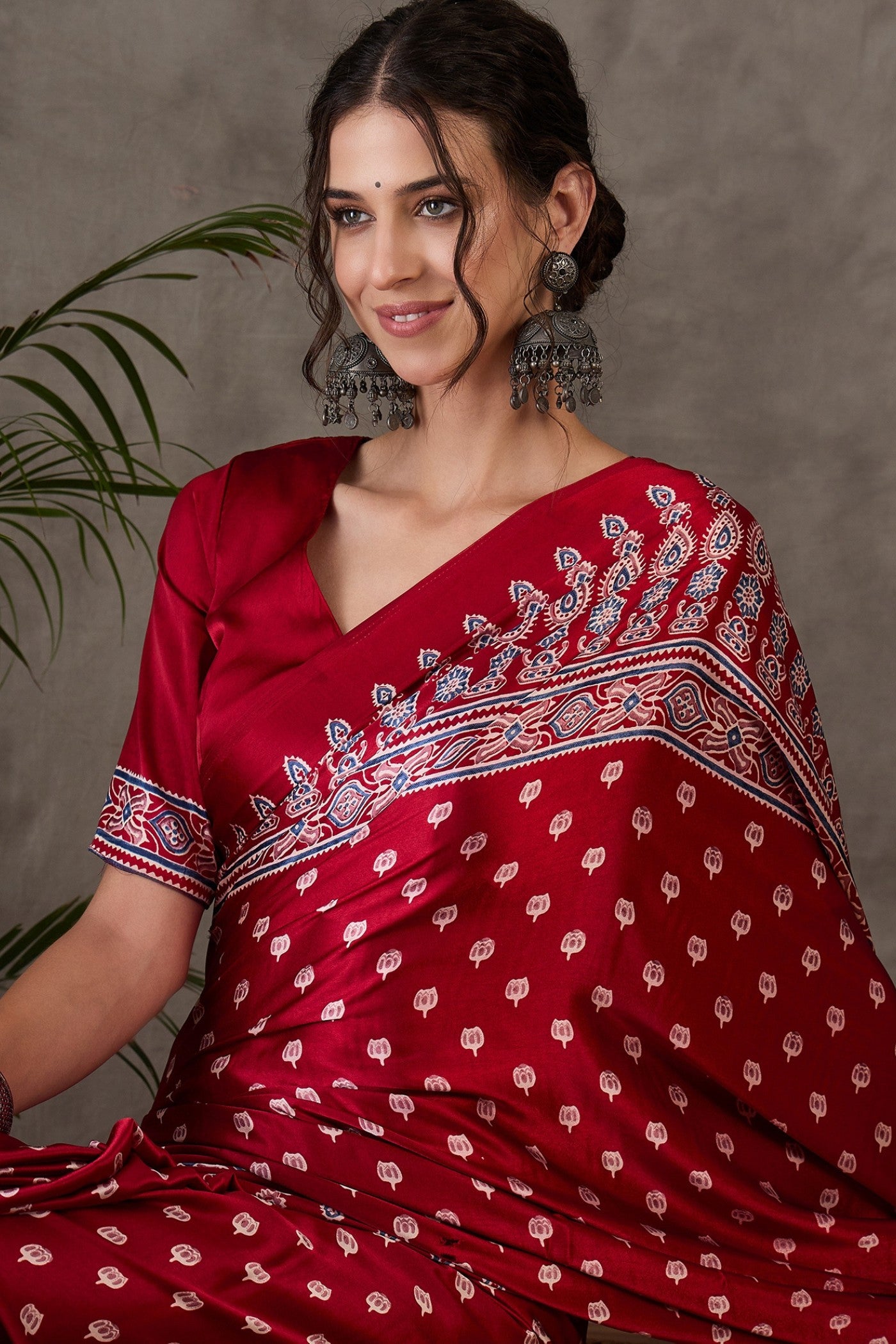 Buy MySilkLove Dark Rose Red Printed Satin Gaji Silk Saree Online