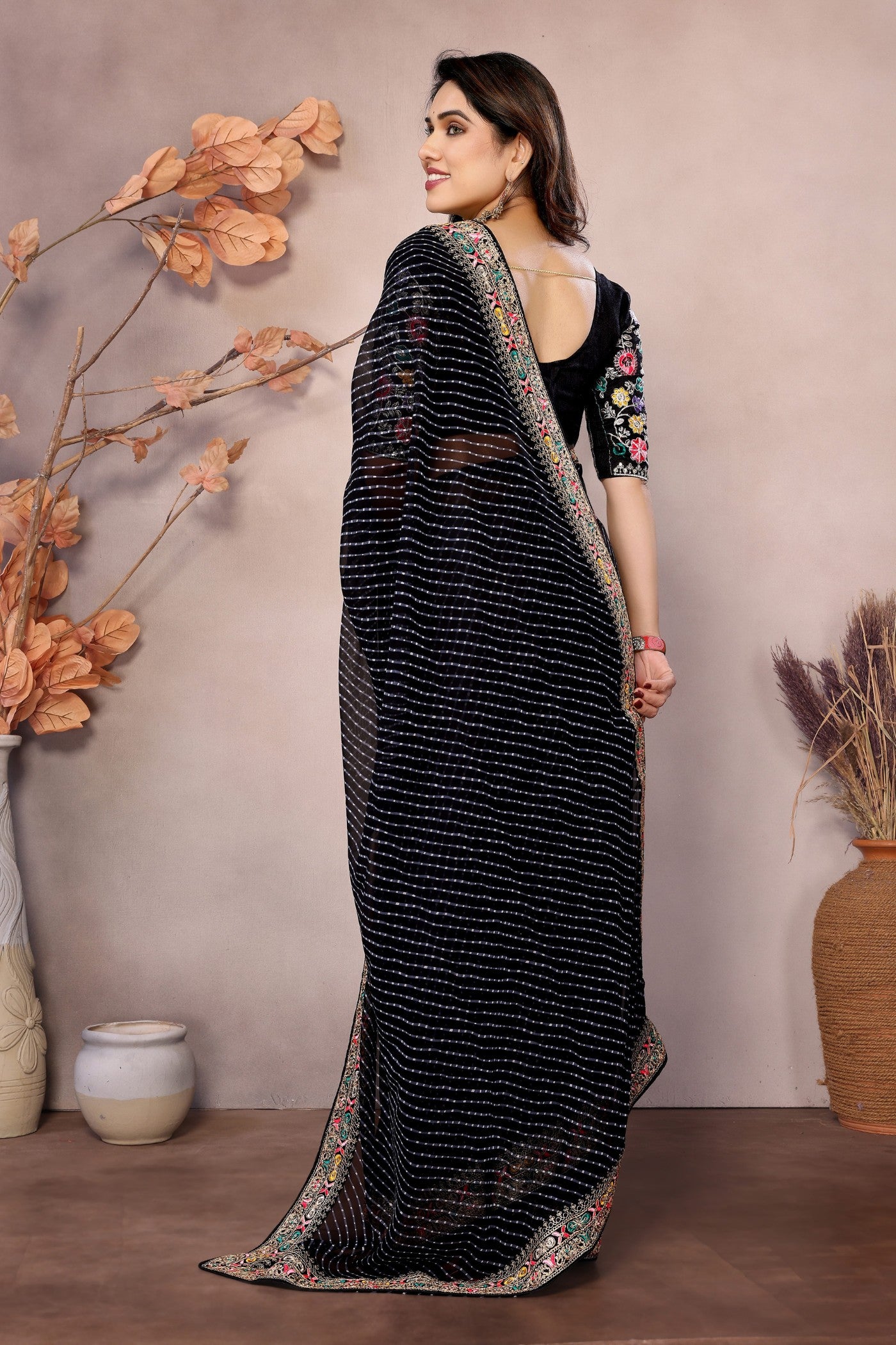 Buy MySilkLove Black Bean Georgette Designer Partywear Saree Online