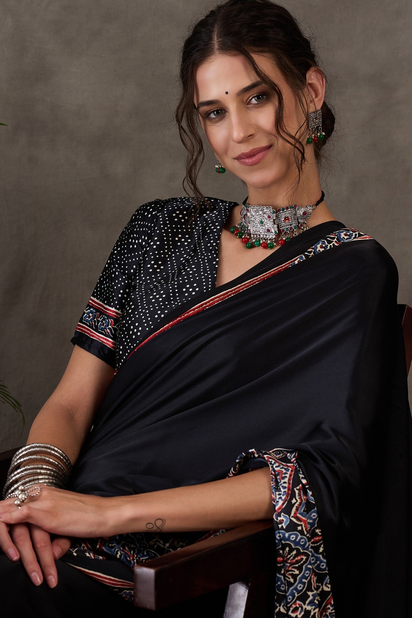 Buy MySilkLove Metal Black Ajrakh Printed Satin Gaji Silk Saree Online