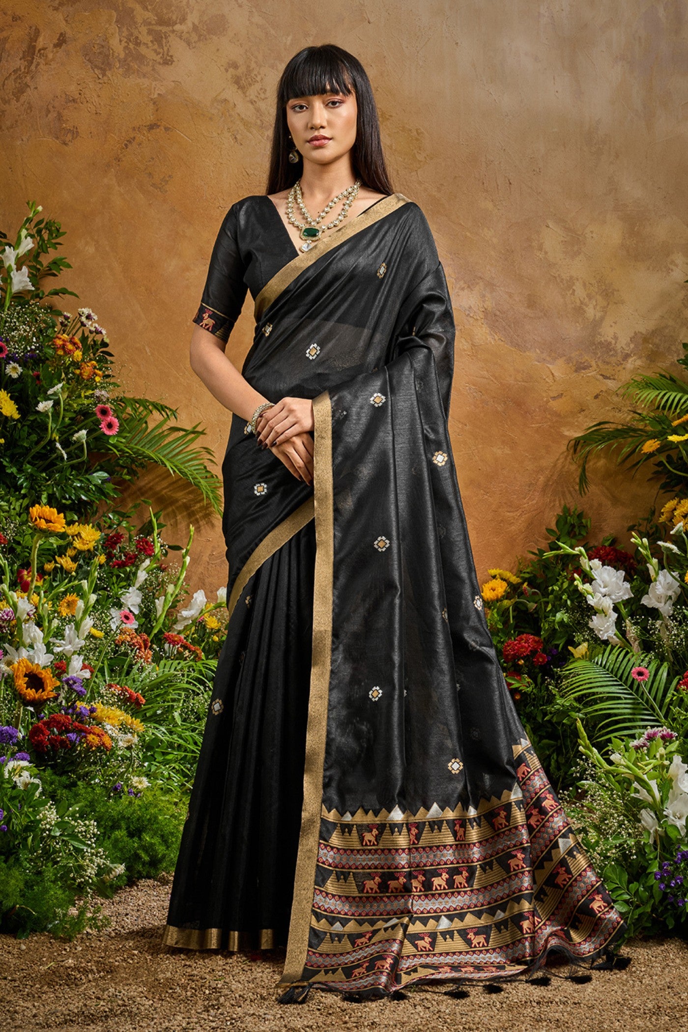 Buy MySilkLove Jade Black Tussar Handloom Silk Saree Online