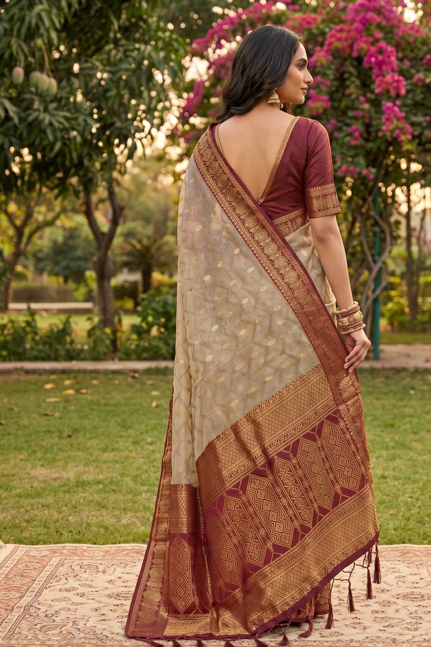 Buy MySilkLove Jasmine Cream and Red Woven Banarasi Cotton Saree Online