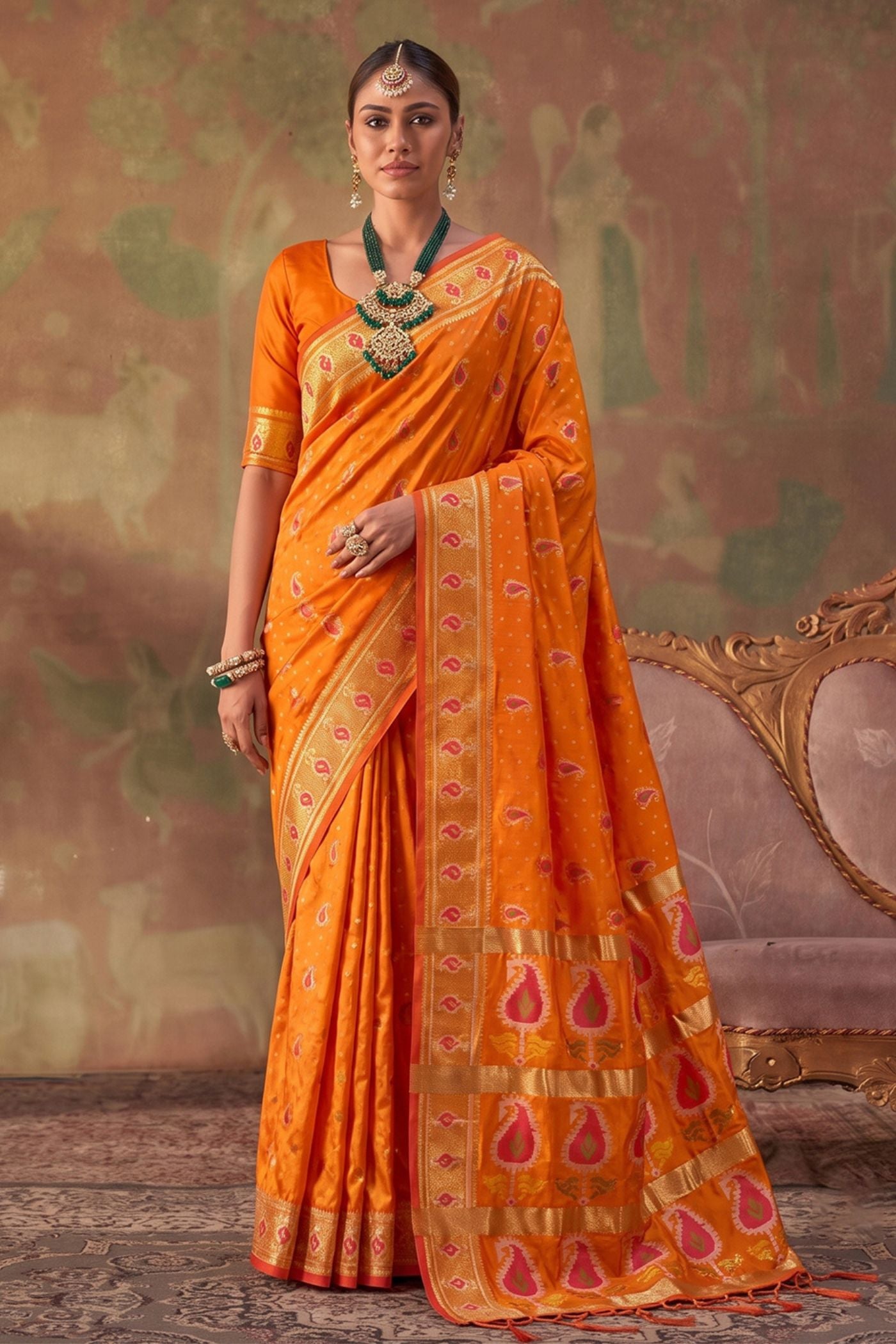 Buy MySilkLove Burnt Orange Woven Banarasi Soft Silk Saree Online