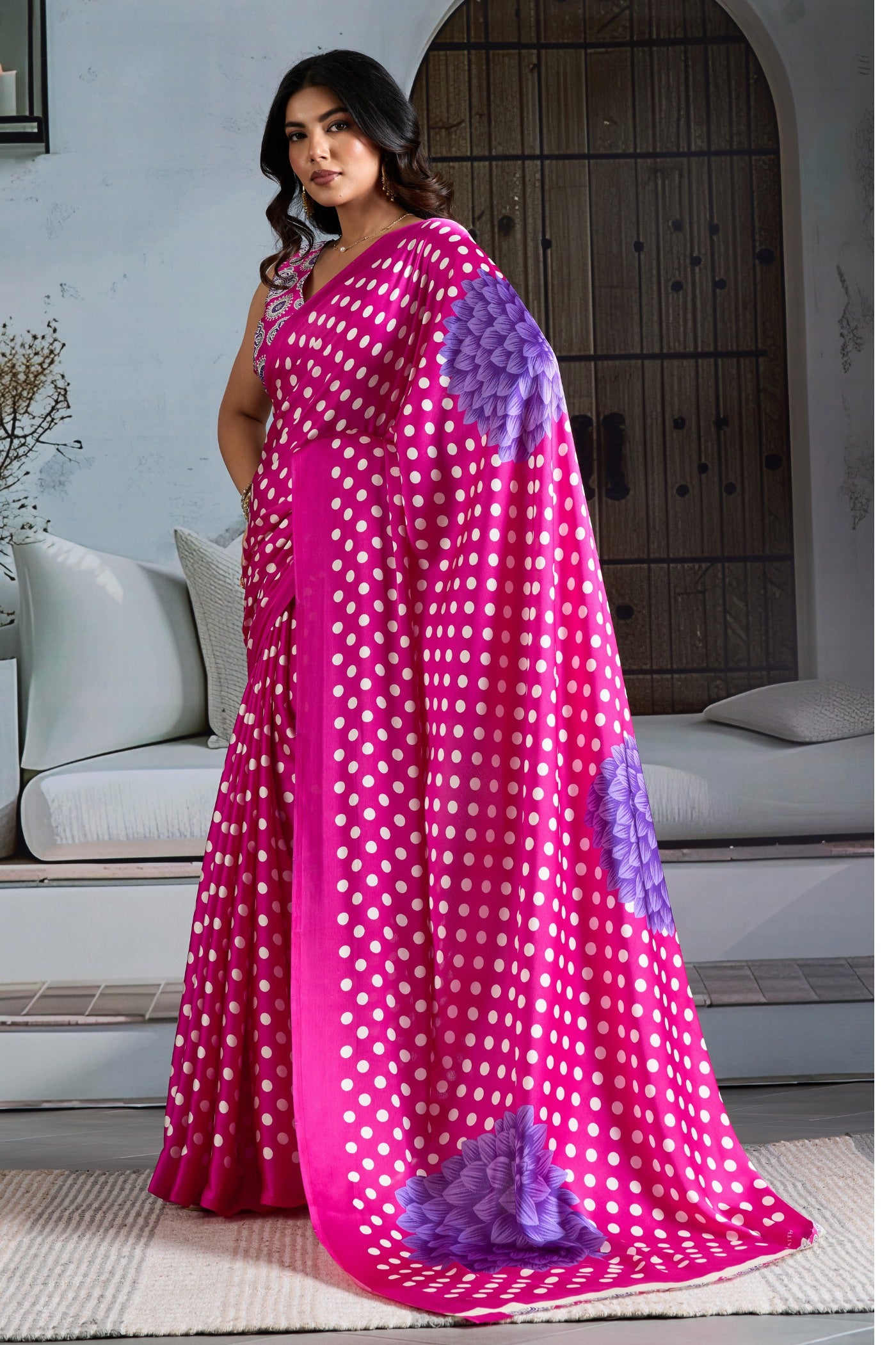 Buy MySilkLove Periwinkle Pink Printed Polka Dots Satin Crepe Saree Online