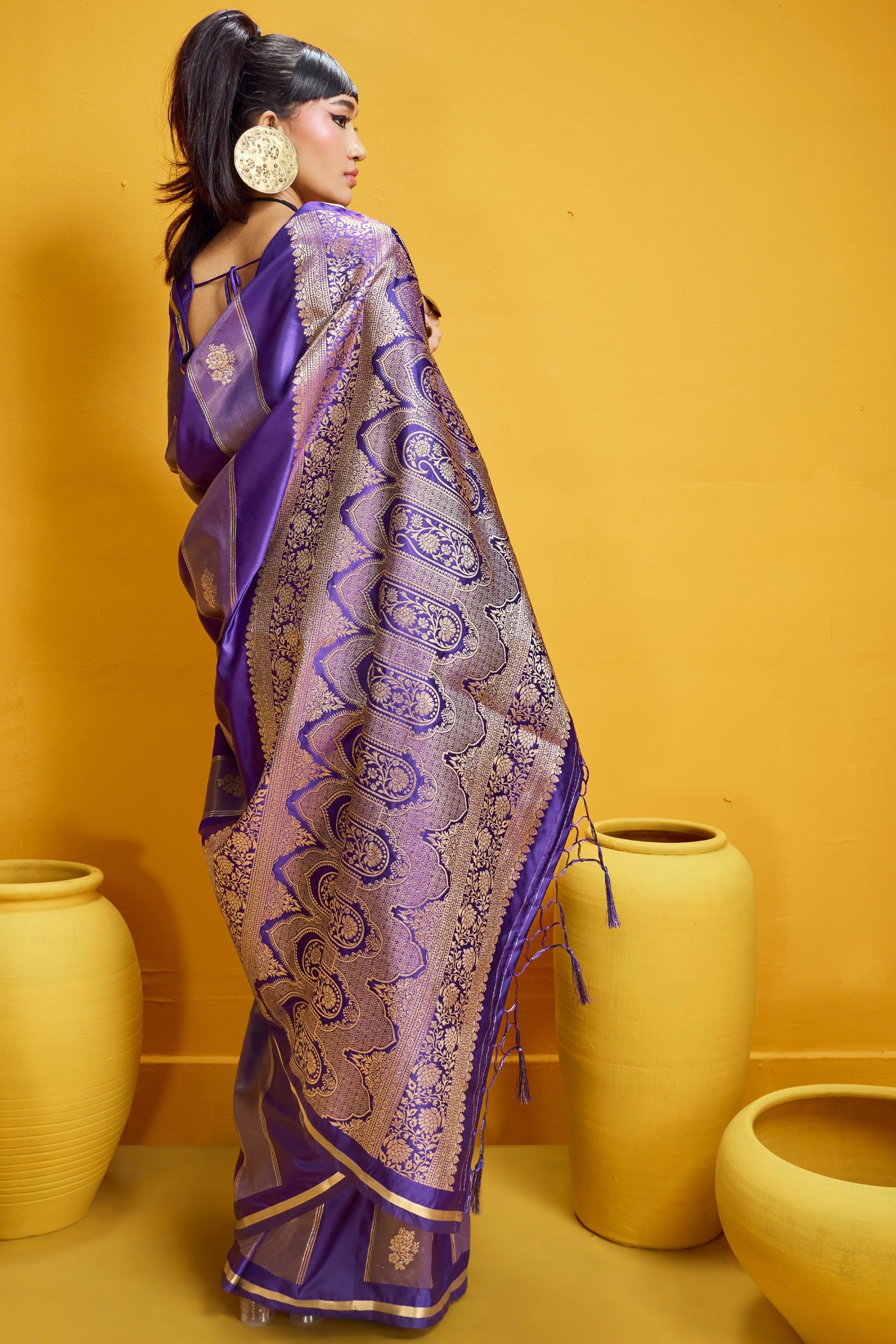 Buy MySilkLove Deep Purple Banarasi Handloom Satin Silk Saree Online