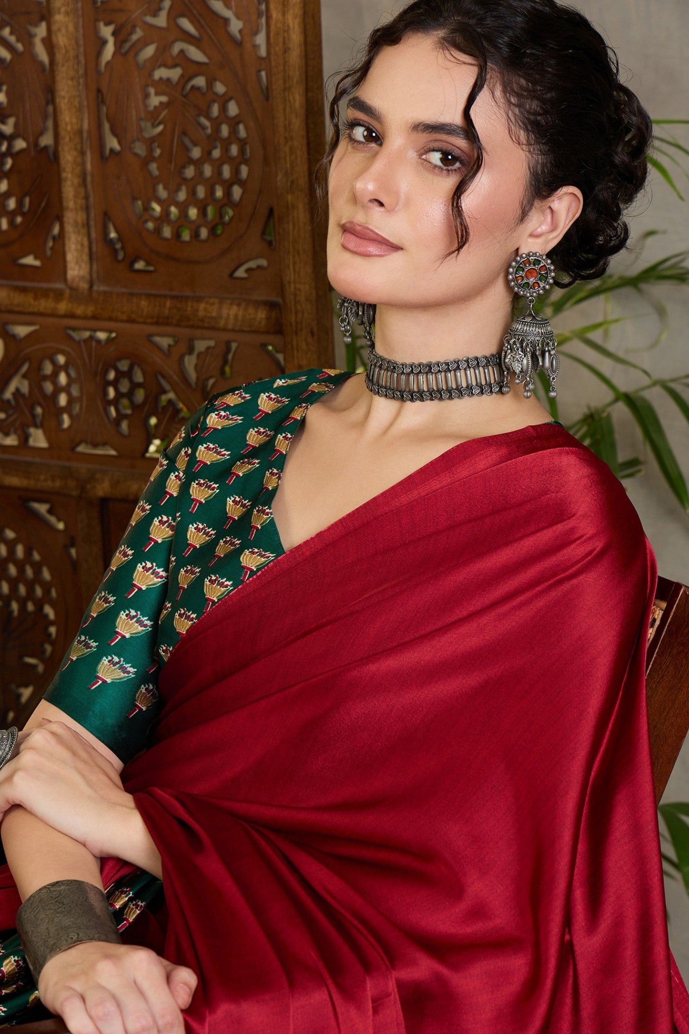 Buy MySilkLove Fire Red and Green Ajrakh Printed Satin Crepe Silk Saree Online