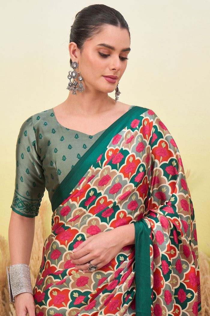 Buy MySilkLove Red Ink and Green Modal Satin Printed Silk Saree Online