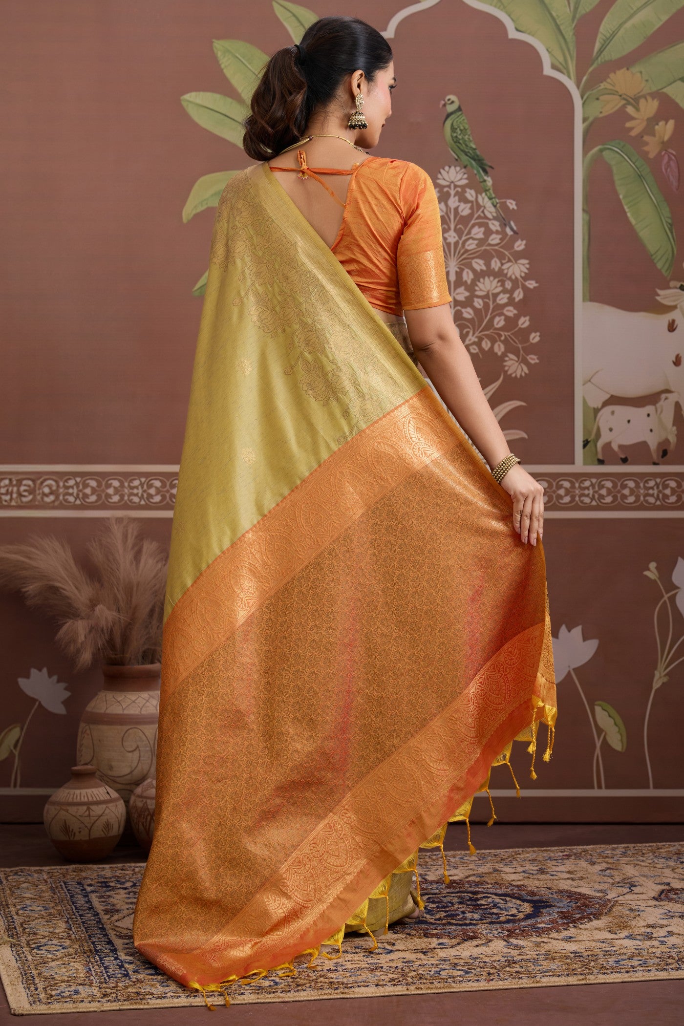 Buy MySilkLove Apple Green Banarasi Handloom Tussar Saree Online