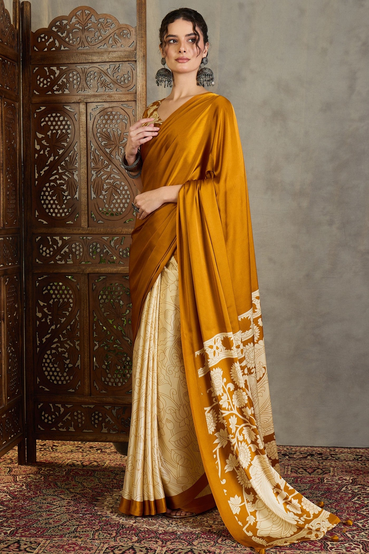 Buy MySilkLove Pineapple Yellow Kalamkari Printed Satin Silk Saree Online