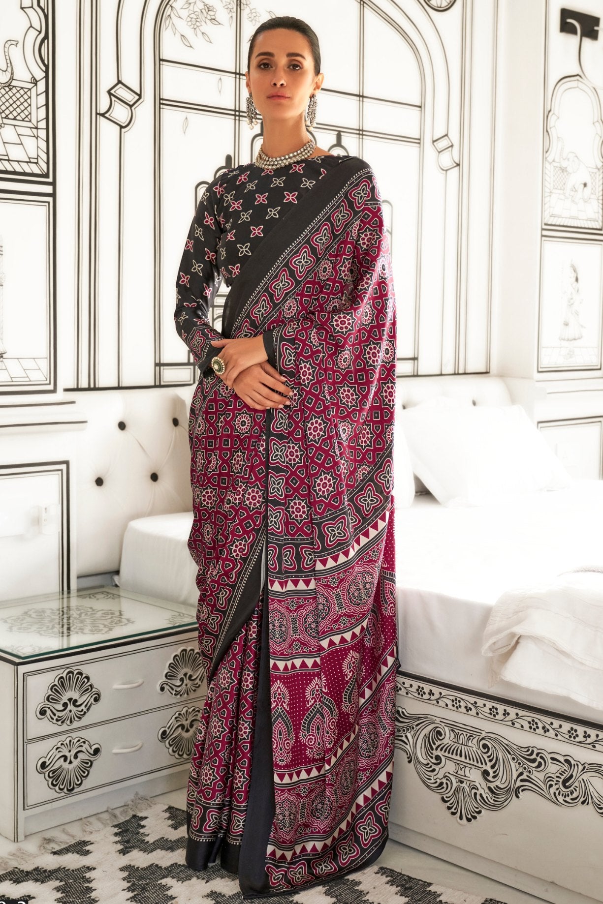 Buy MySilkLove Tawny Port Maroon Printed Ajrakh Satin Crepe Saree Online