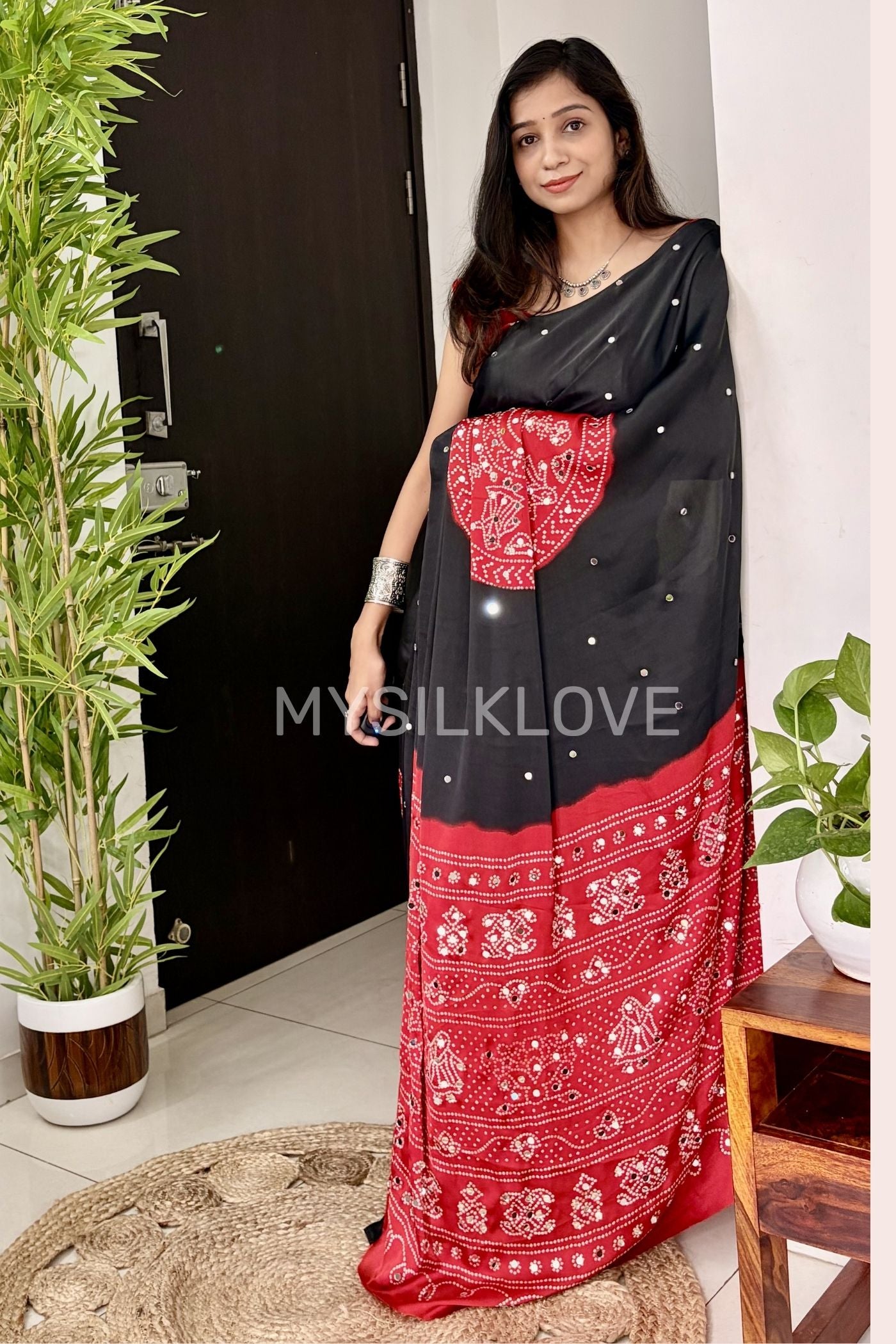 Buy MySilkLove Charcoal Black and Red Gaji Bandej Satin Soft Silk Saree Online