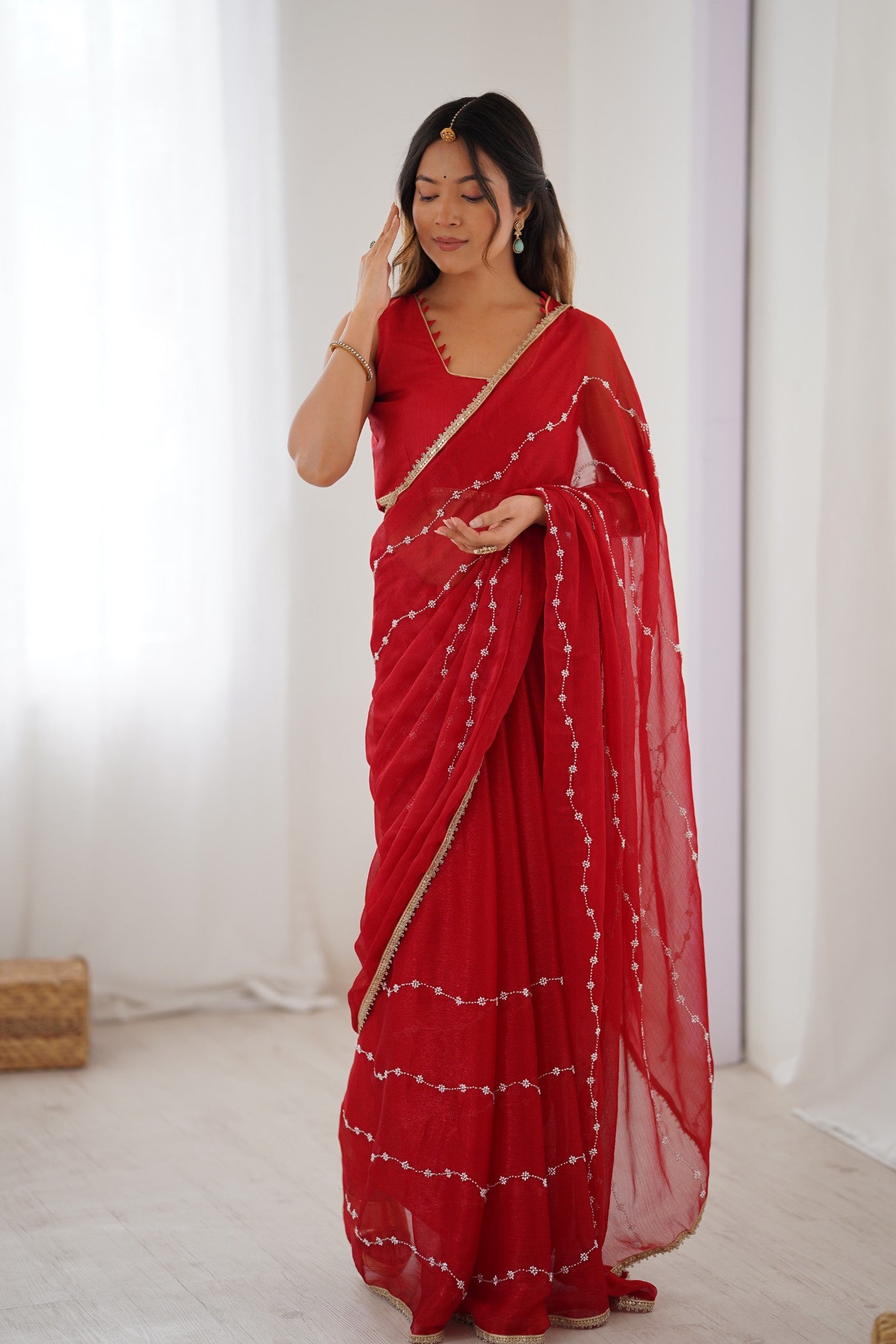 Buy MySilkLove Blood Red Chiffon Partywear Saree Online