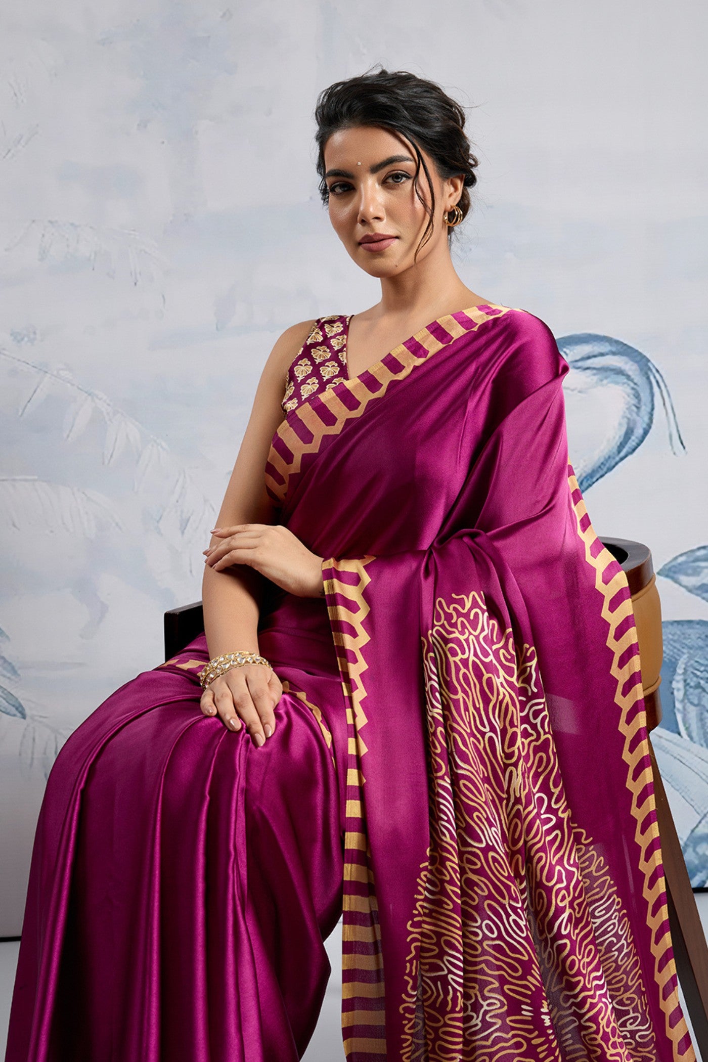 MySilkLove Inked Plum Purple Printed Satin Crepe Silk Saree