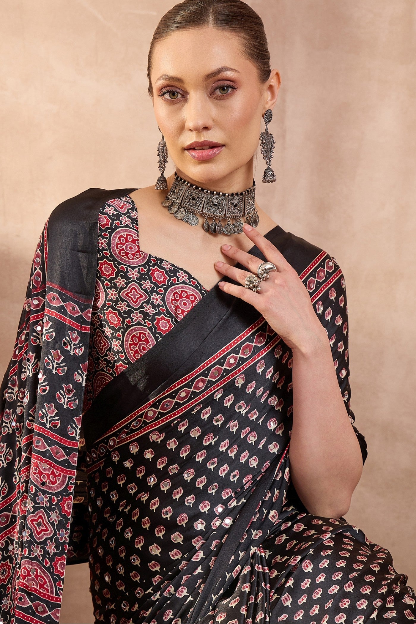 Buy MySilkLove Abbey Black Modal Ajrakh Satin Printed Silk Saree Online