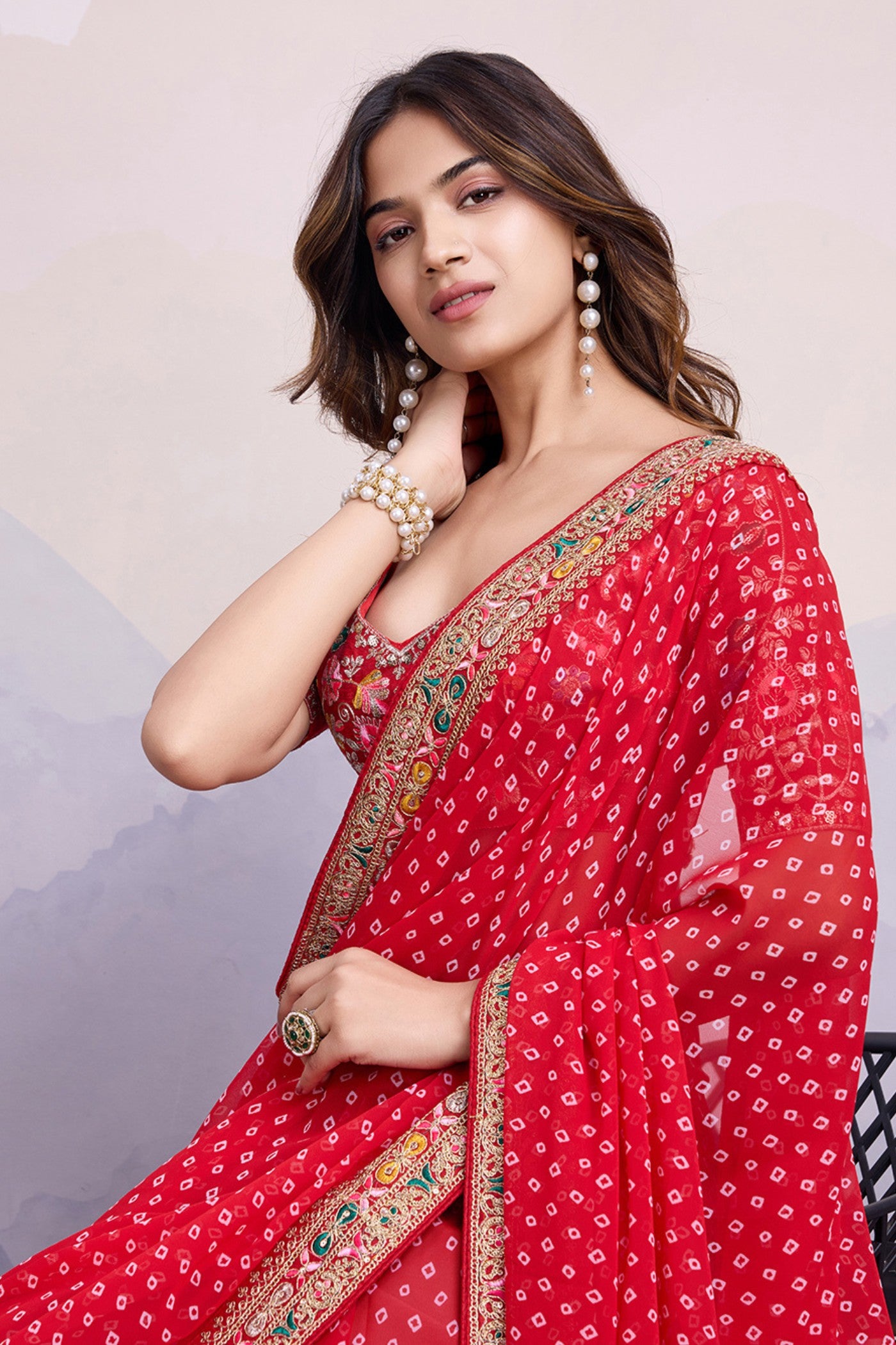 Buy MySilkLove Rusty Red Bandhani Georgette Printed Partywear Saree Online