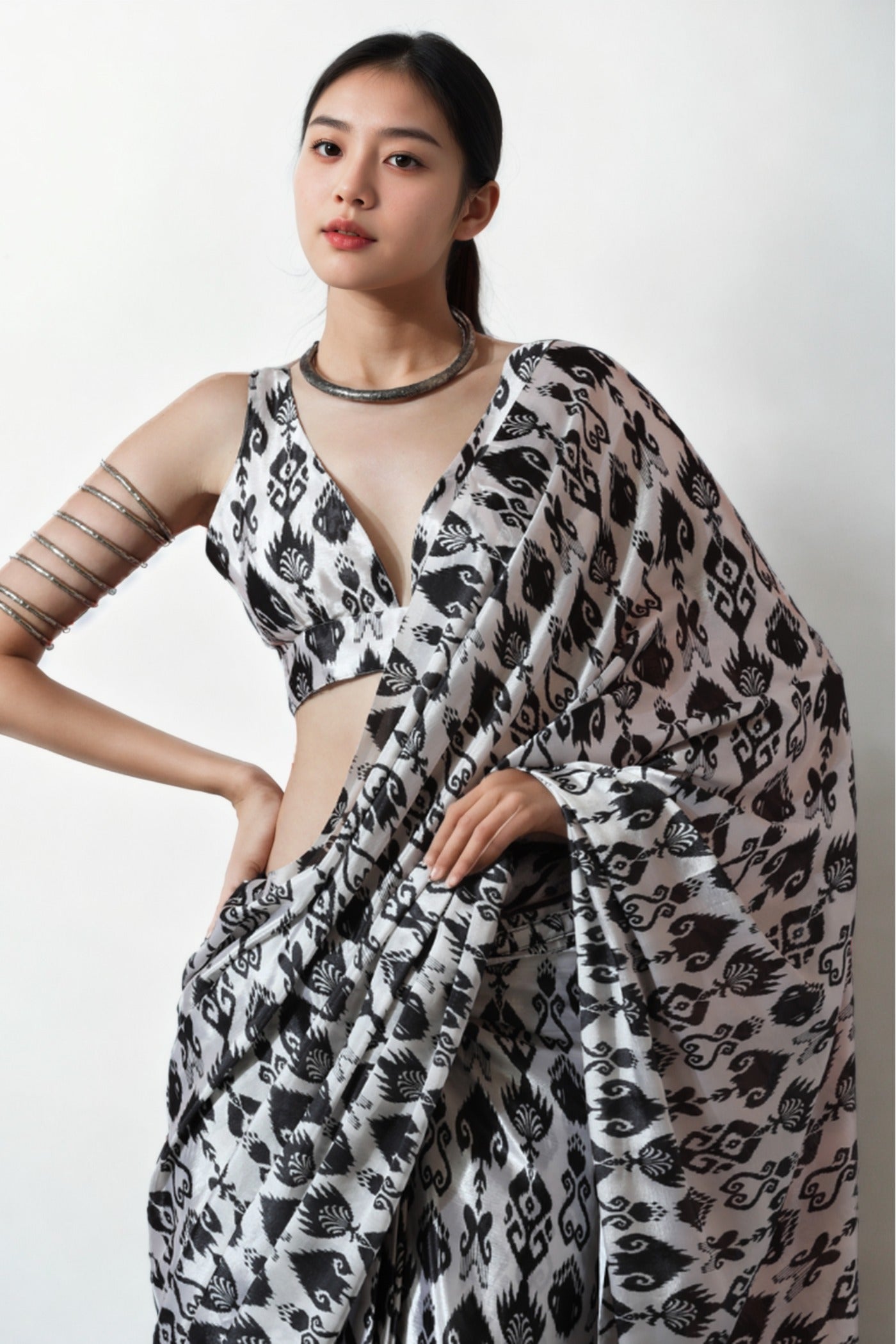 MySilkLove Pitch Black Chinon Digital Printed Ready To Wear Saree