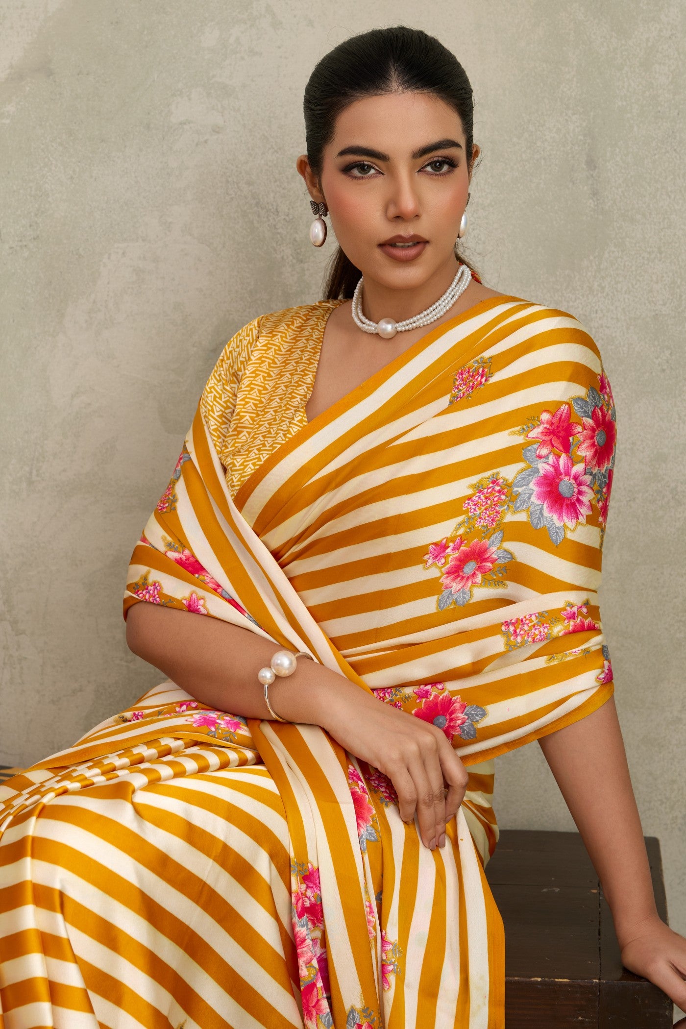 MySilkLove Cyber Yellow Ajrakh Printed Satin Crepe Silk Saree