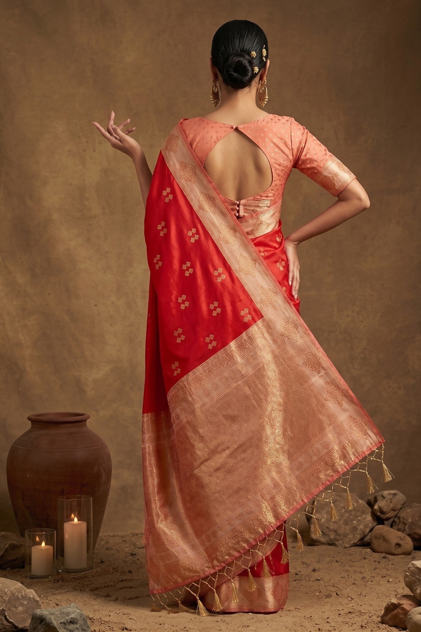 Buy MySilkLove Batorange Red Woven Banarasi Soft Silk Saree Online