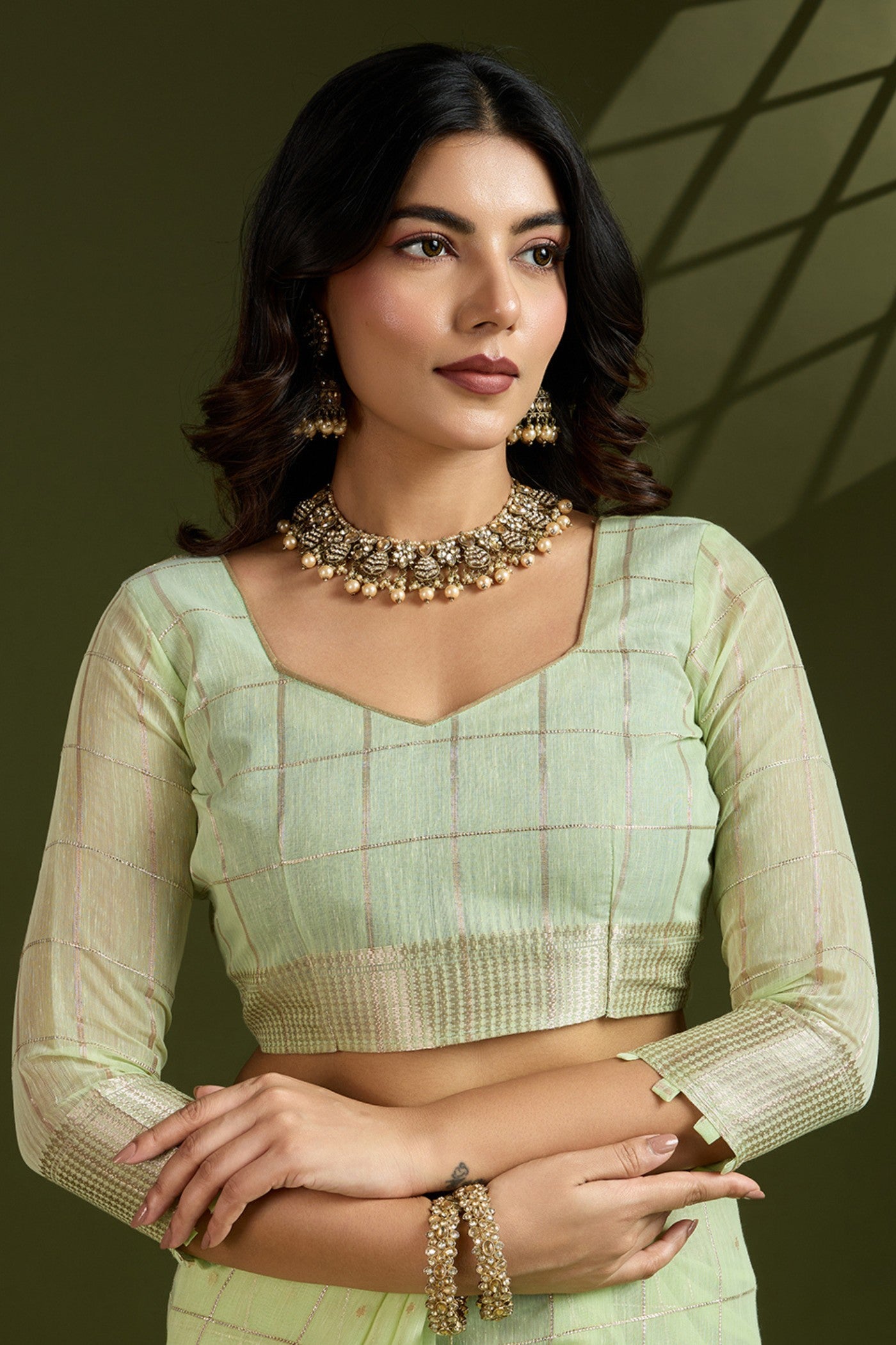 Buy MySilkLove Pista Green Woven Tissue Linen Saree Online