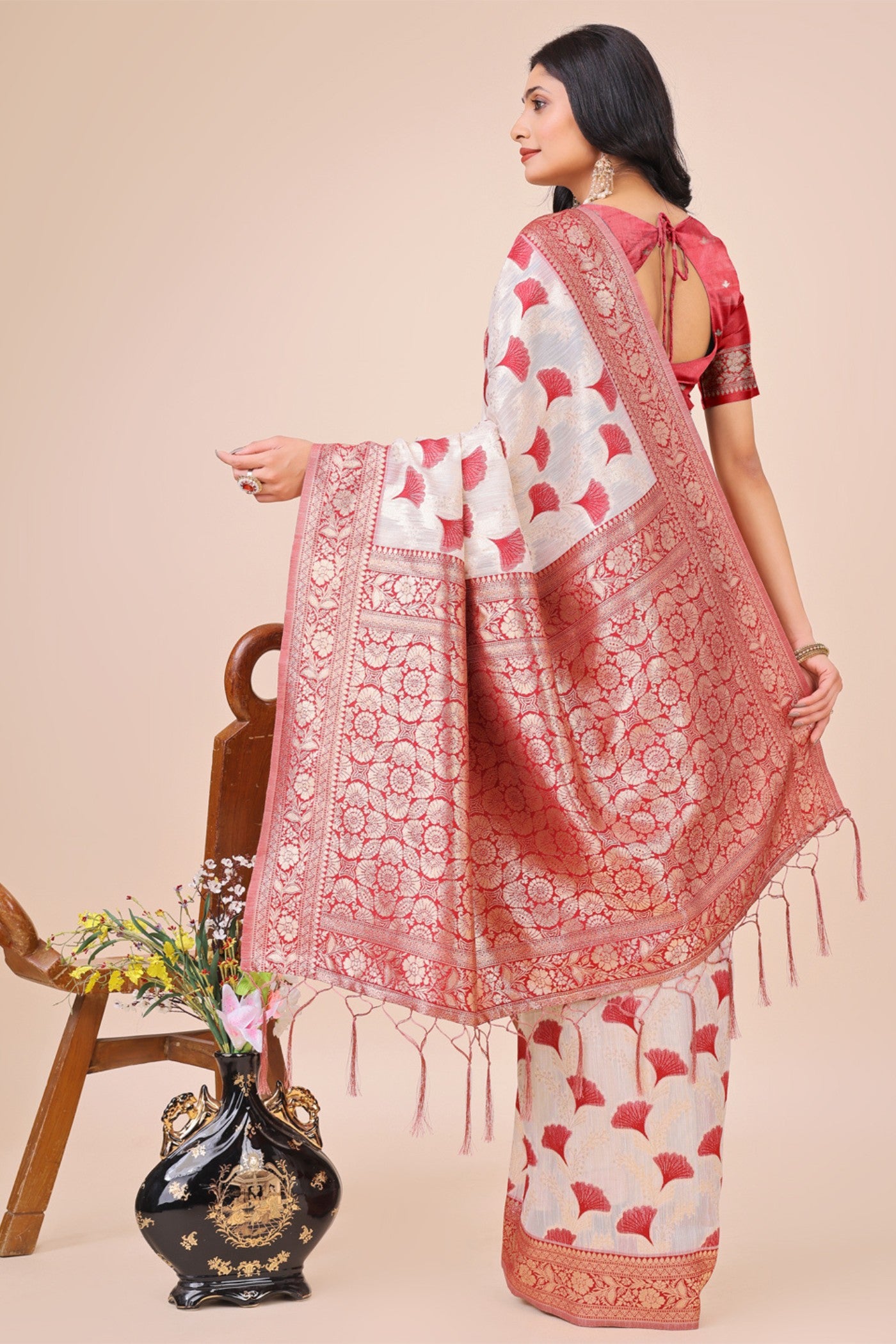 Buy MySilkLove Salt White and Red Linen Cotton Saree Online