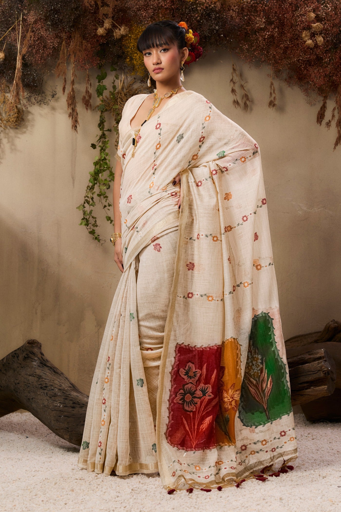 Buy MySilkLove Milklace Cream Handloom Muga Cotton Saree Online